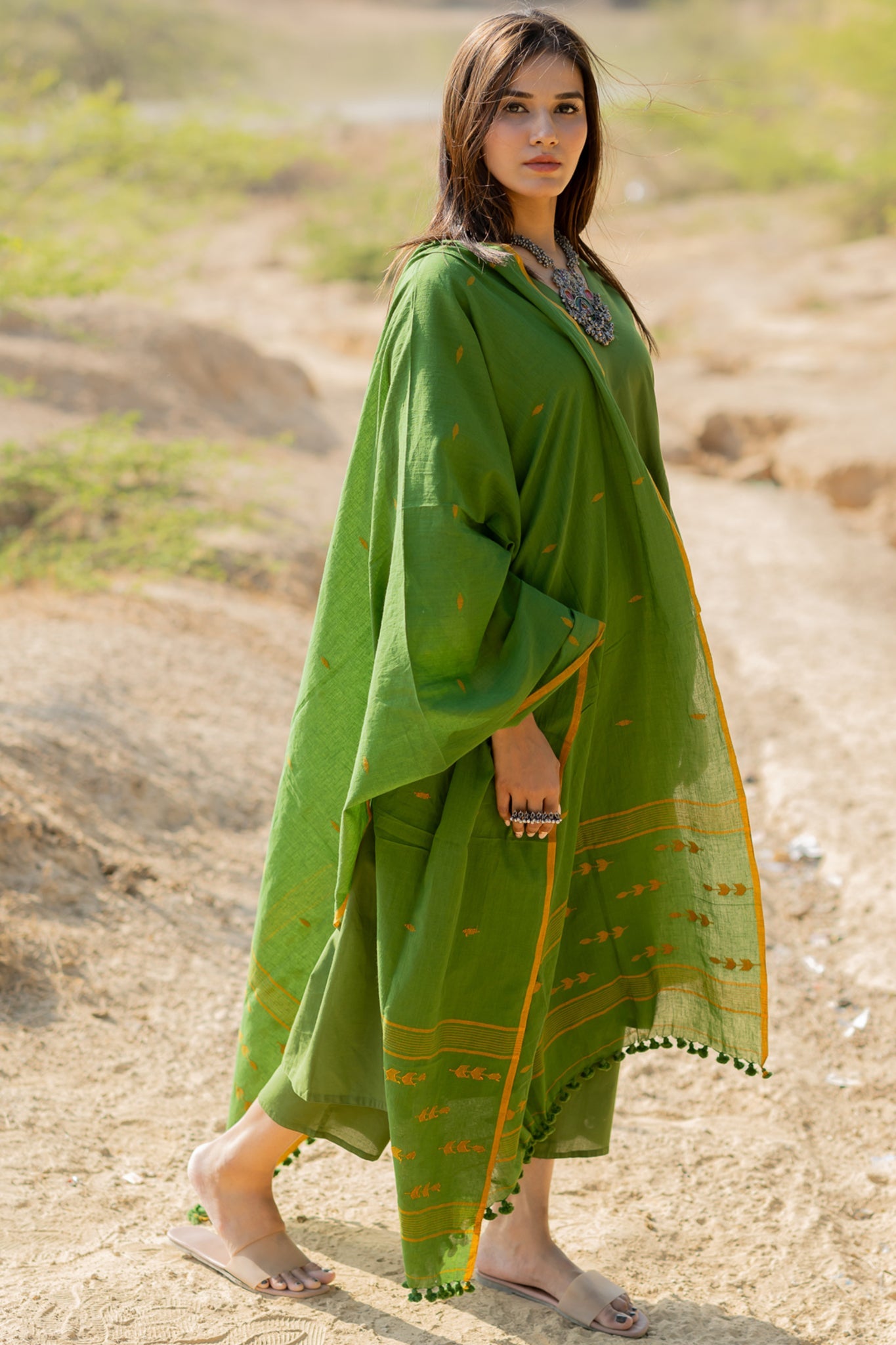 Forest Green Gathered Kurta Set with Jaamdani Dupatta - CiceroniKurta Set, Everyday WearMaidaan
