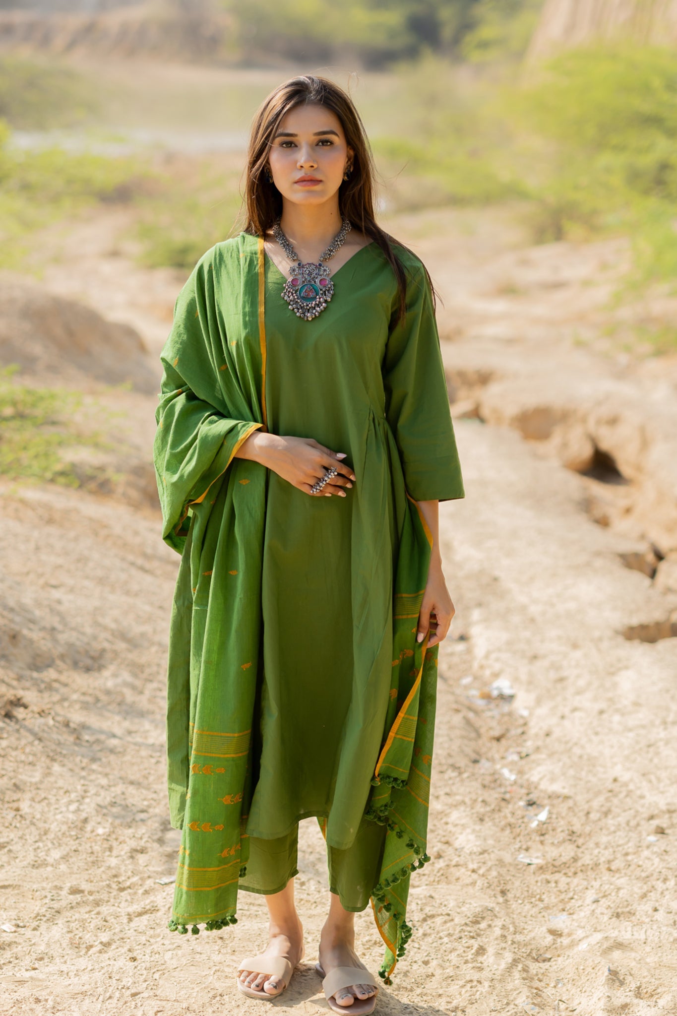 Forest Green Gathered Kurta Set with Jaamdani Dupatta - CiceroniKurta Set, Everyday WearMaidaan