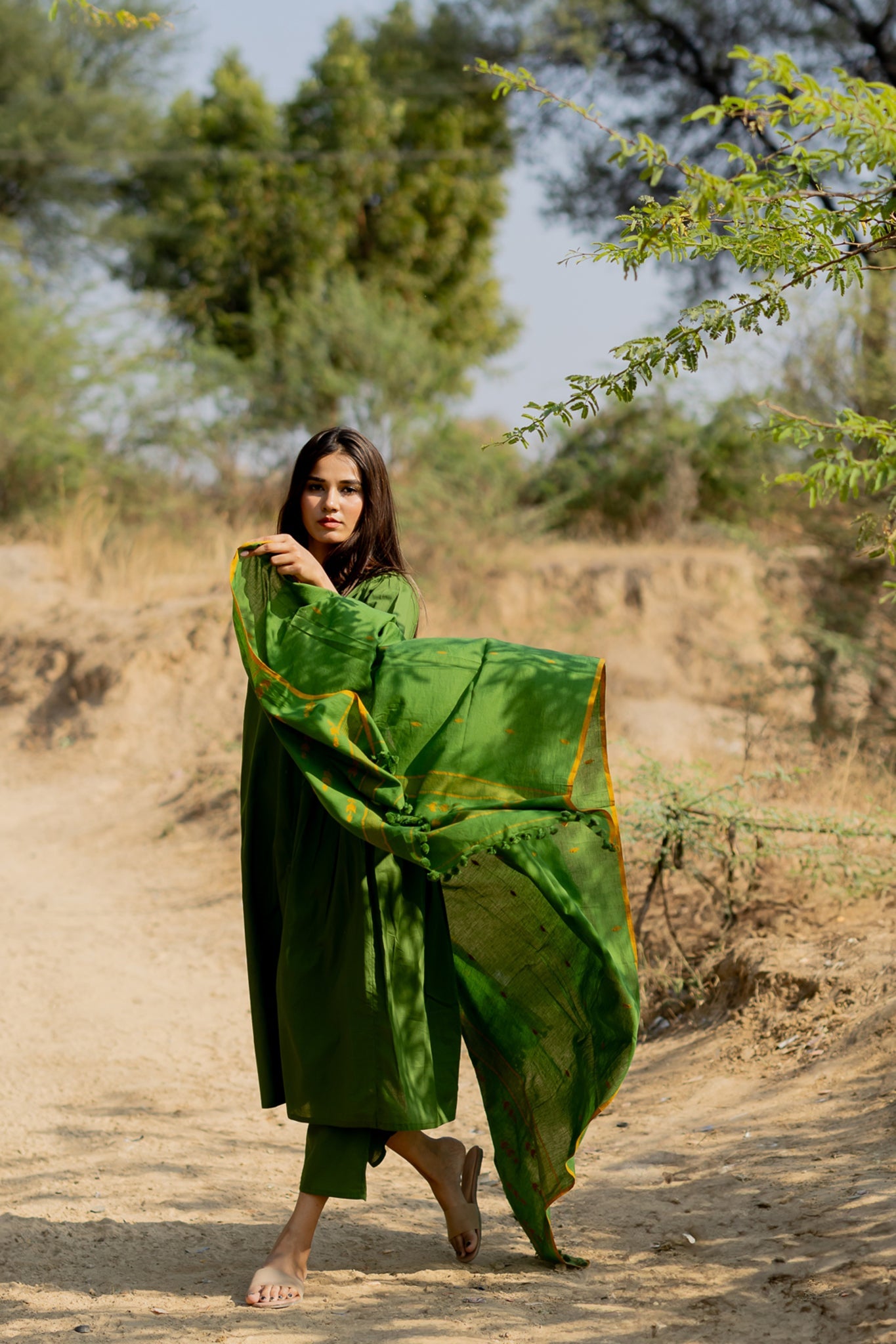 Forest Green Gathered Kurta Set with Jaamdani Dupatta - CiceroniKurta Set, Everyday WearMaidaan