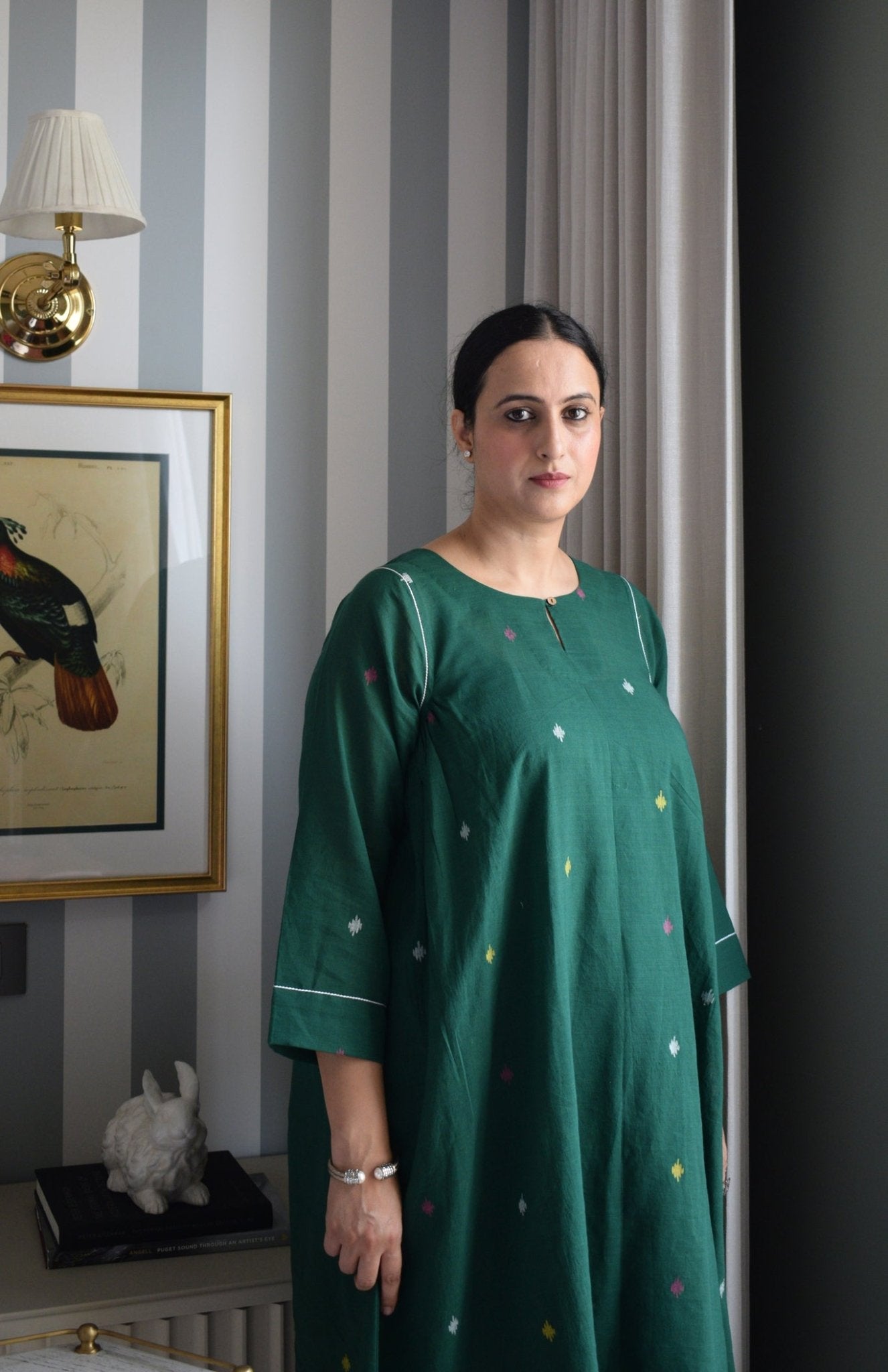 Forest Green Jamdani Kurta with Side Gathers - CiceroniKurta, Everyday WearHouse of Moxa