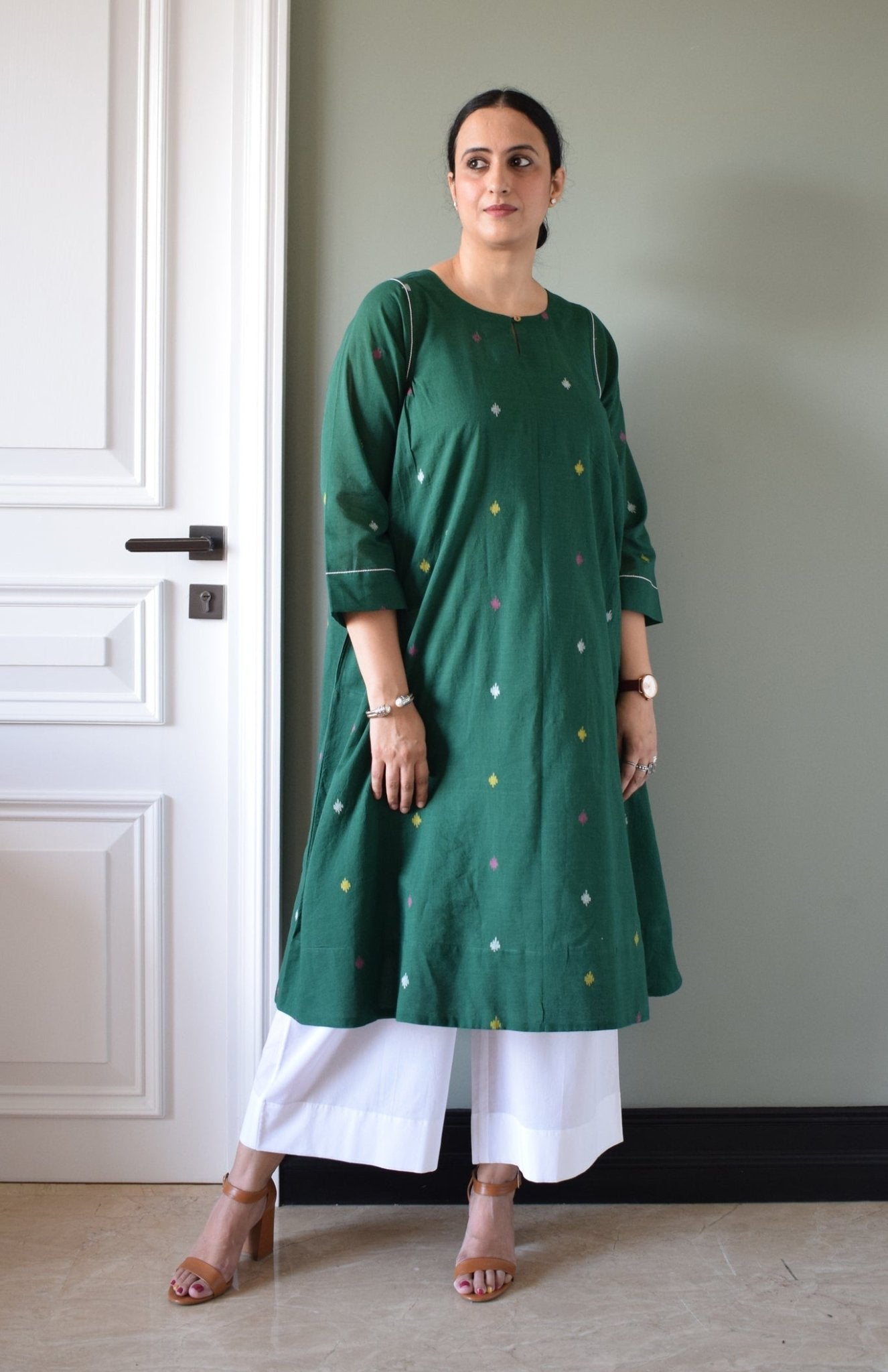 Forest Green Jamdani Kurta with Side Gathers - CiceroniKurta, Everyday WearHouse of Moxa