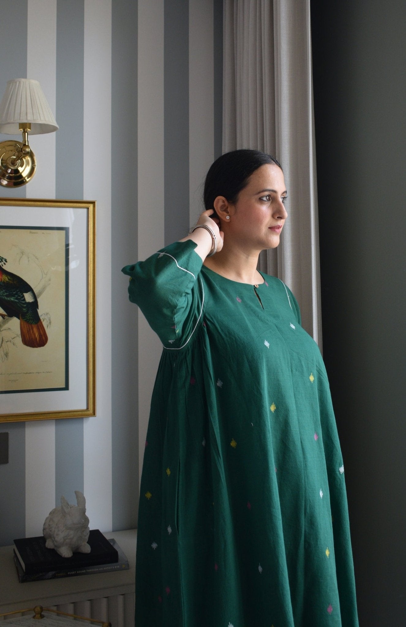 Forest Green Jamdani Kurta with Side Gathers - CiceroniKurta, Everyday WearHouse of Moxa