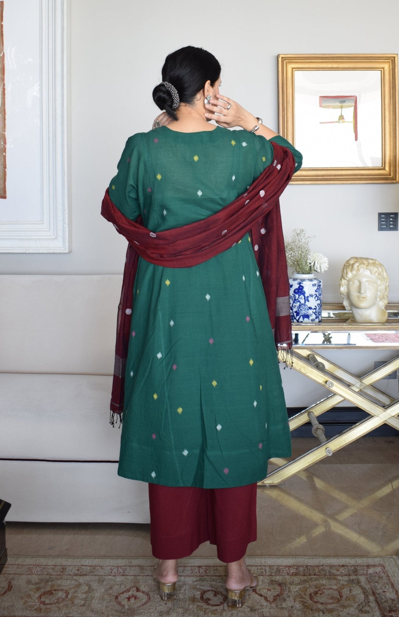 Forest Green Jamdani Phiran with Maroon Pyjama - CiceroniKurta Set, Everyday WearHouse of Moxa