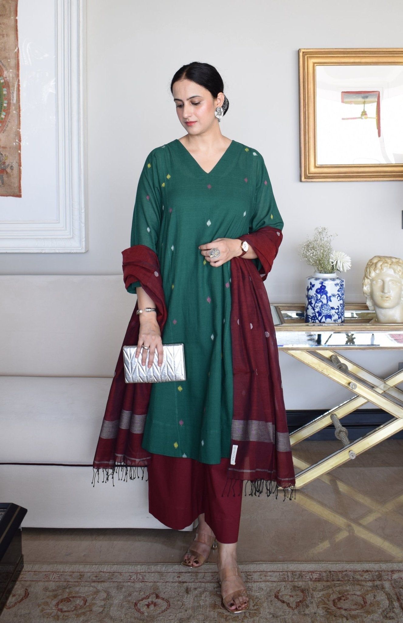 Forest Green Jamdani Phiran - CiceroniKurta, Everyday WearHouse of Moxa