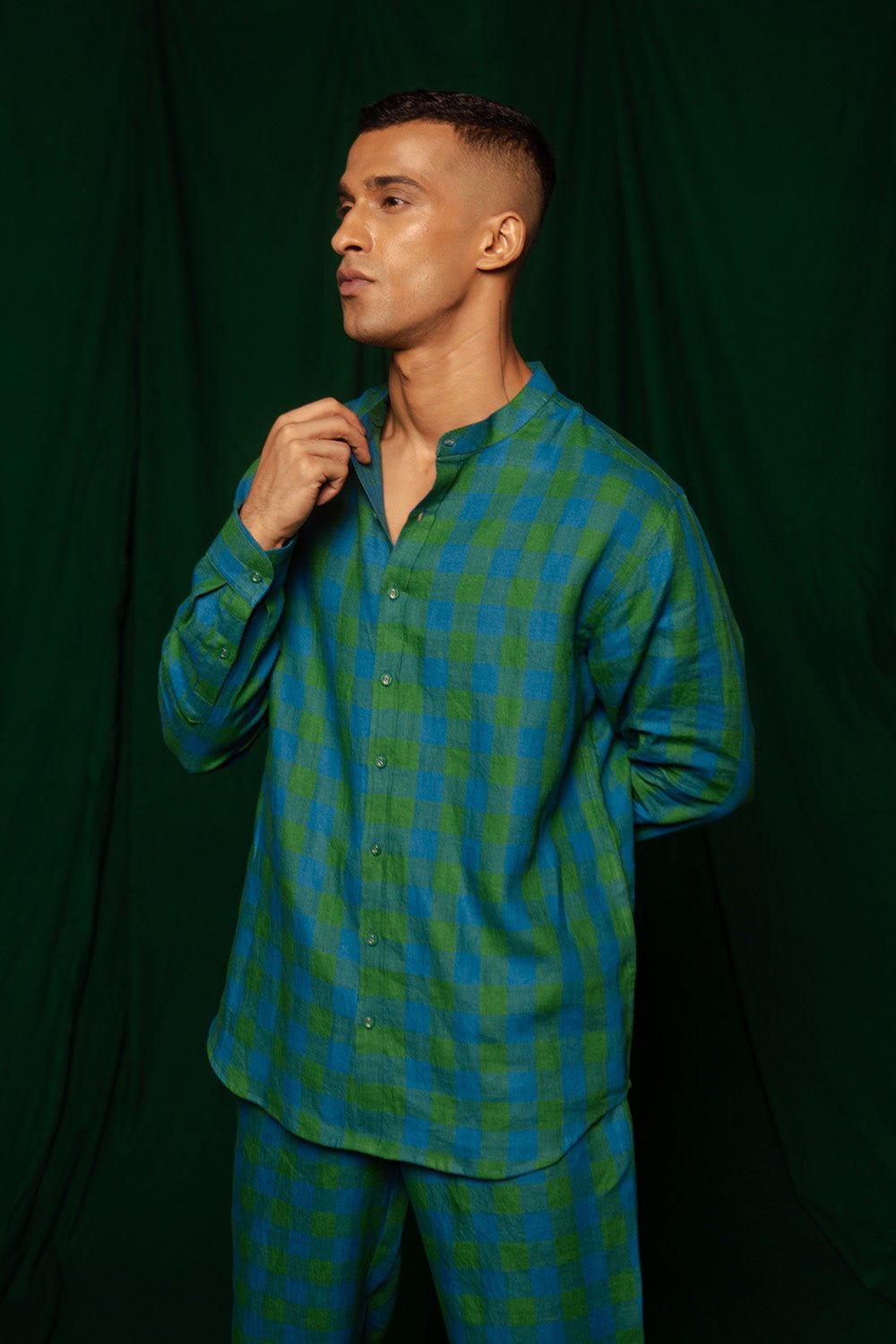 Forest Linen Men's Band Collar Shirt - CiceroniMen ShirtsSaphed