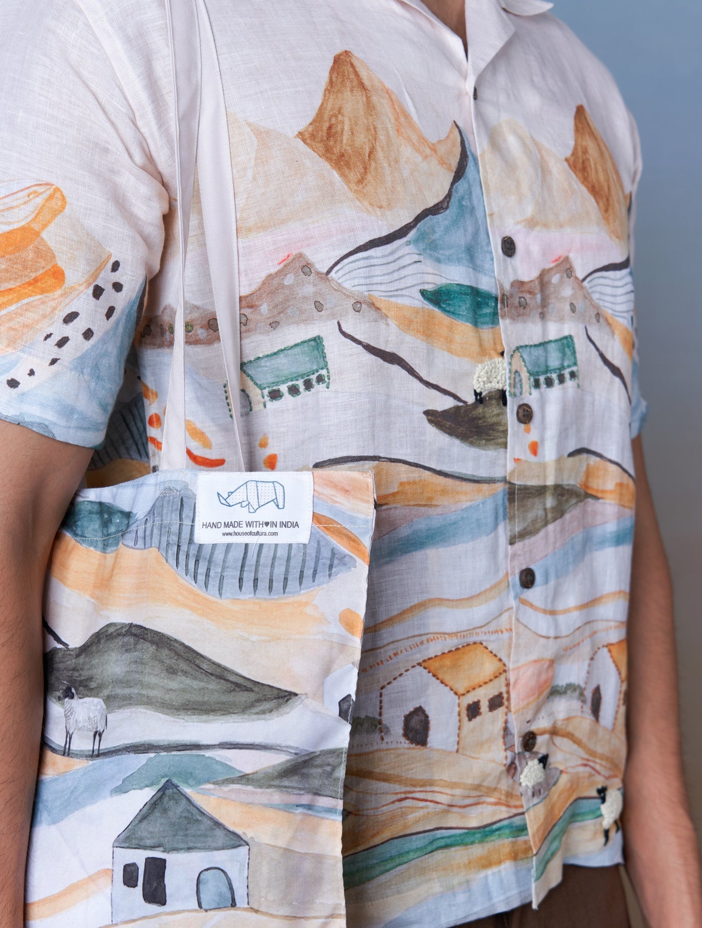 Grazing Sheep Orange - Hand Embroidered Unisex Printed Linen Shirt - CiceroniShirtsCultura Studio