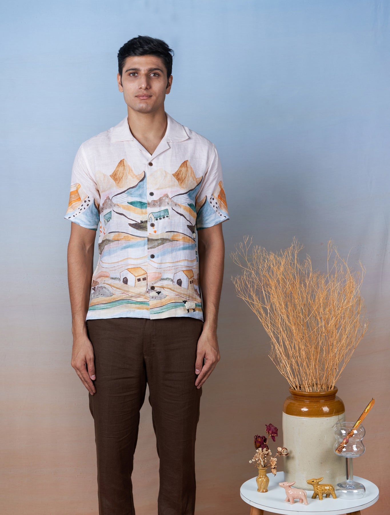 Grazing Sheep Orange - Hand Embroidered Unisex Printed Linen Shirt - CiceroniShirtsCultura Studio