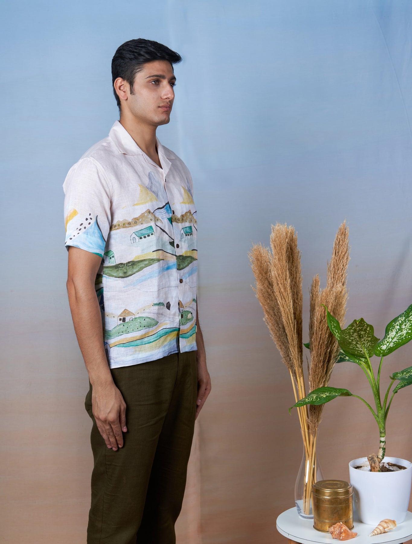 Grazing Sheep Yellow - Hand Embroidered Unisex Printed Linen Shirt - CiceroniShirtsCultura Studio