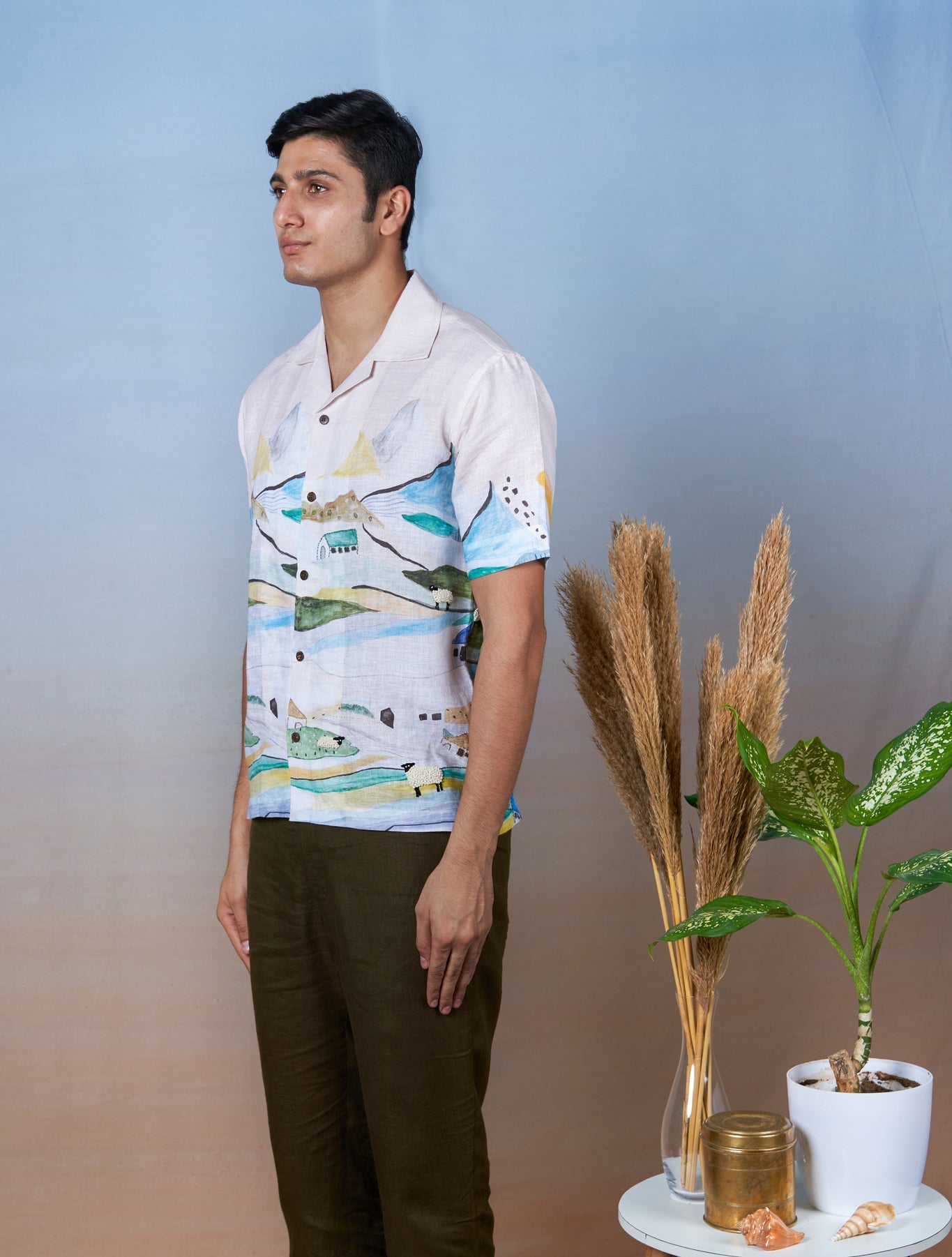 Grazing Sheep Yellow - Hand Embroidered Unisex Printed Linen Shirt - CiceroniShirtsCultura Studio