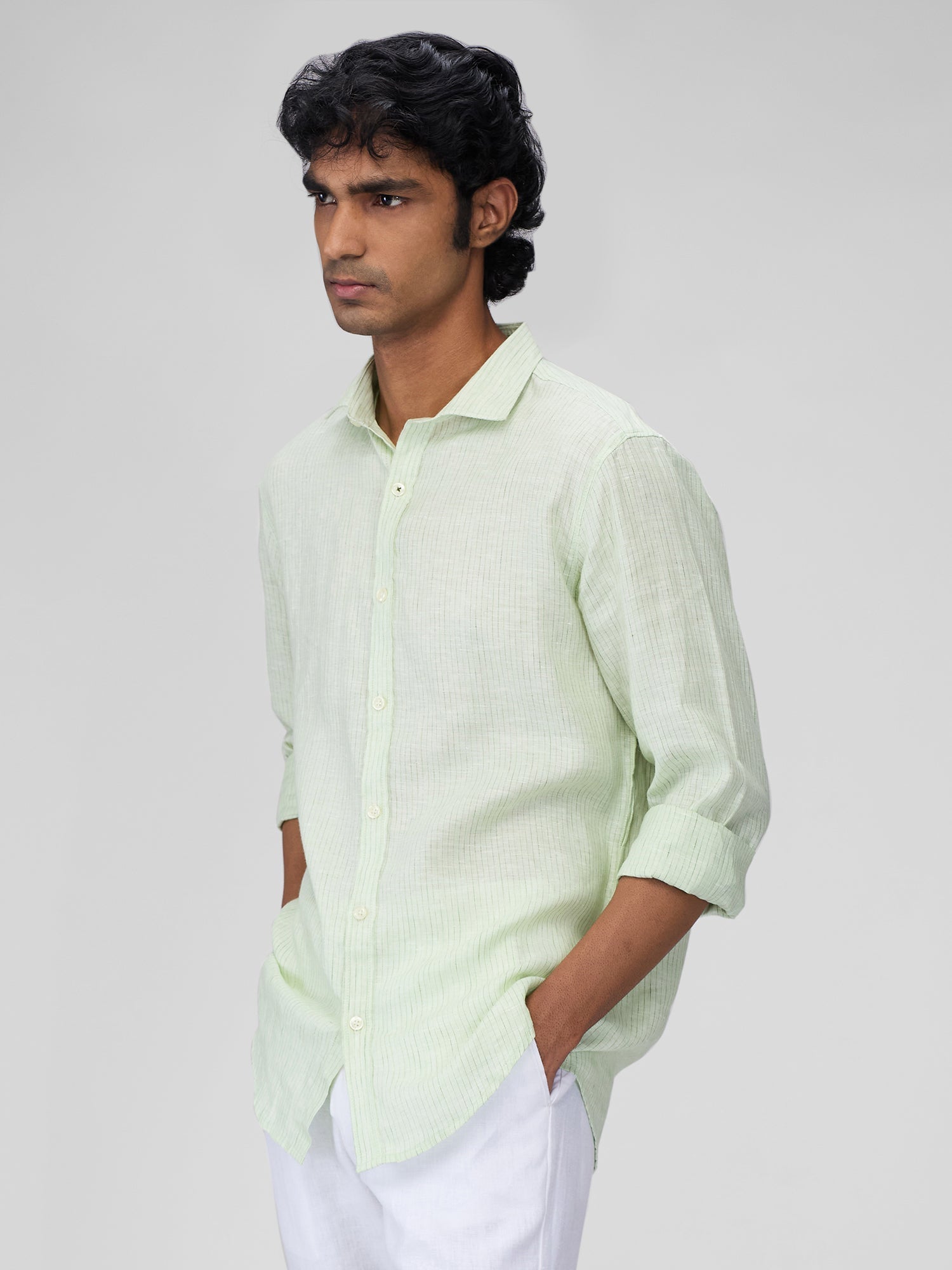 Green 100% Linen Stripes Shirt - CiceroniMen Shirtsbhrāta