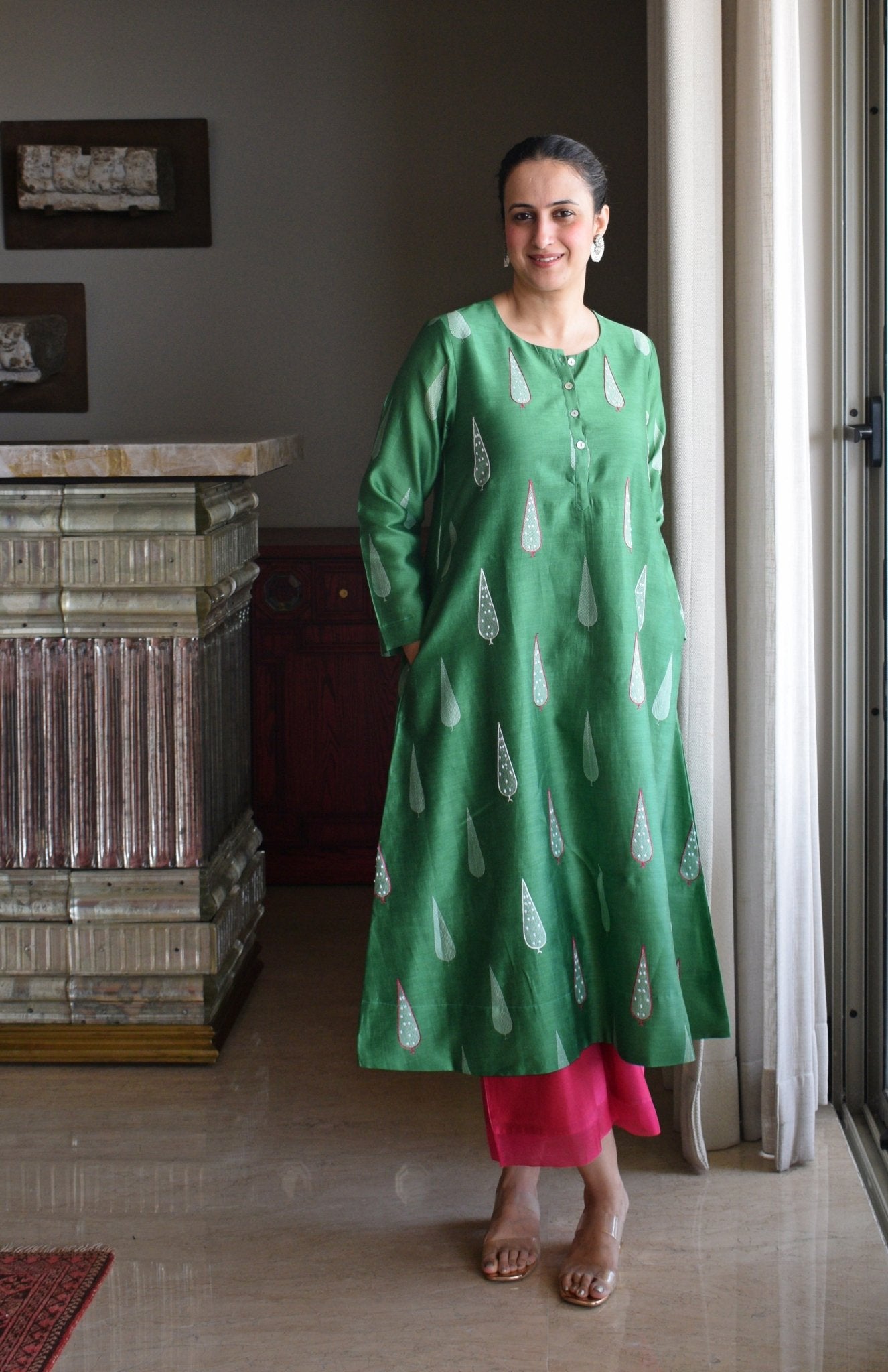 Green Chanderi Kurta with Rani Pink Chanderi Pyjama - CiceroniKurta Set, Festive wearHouse of Moxa