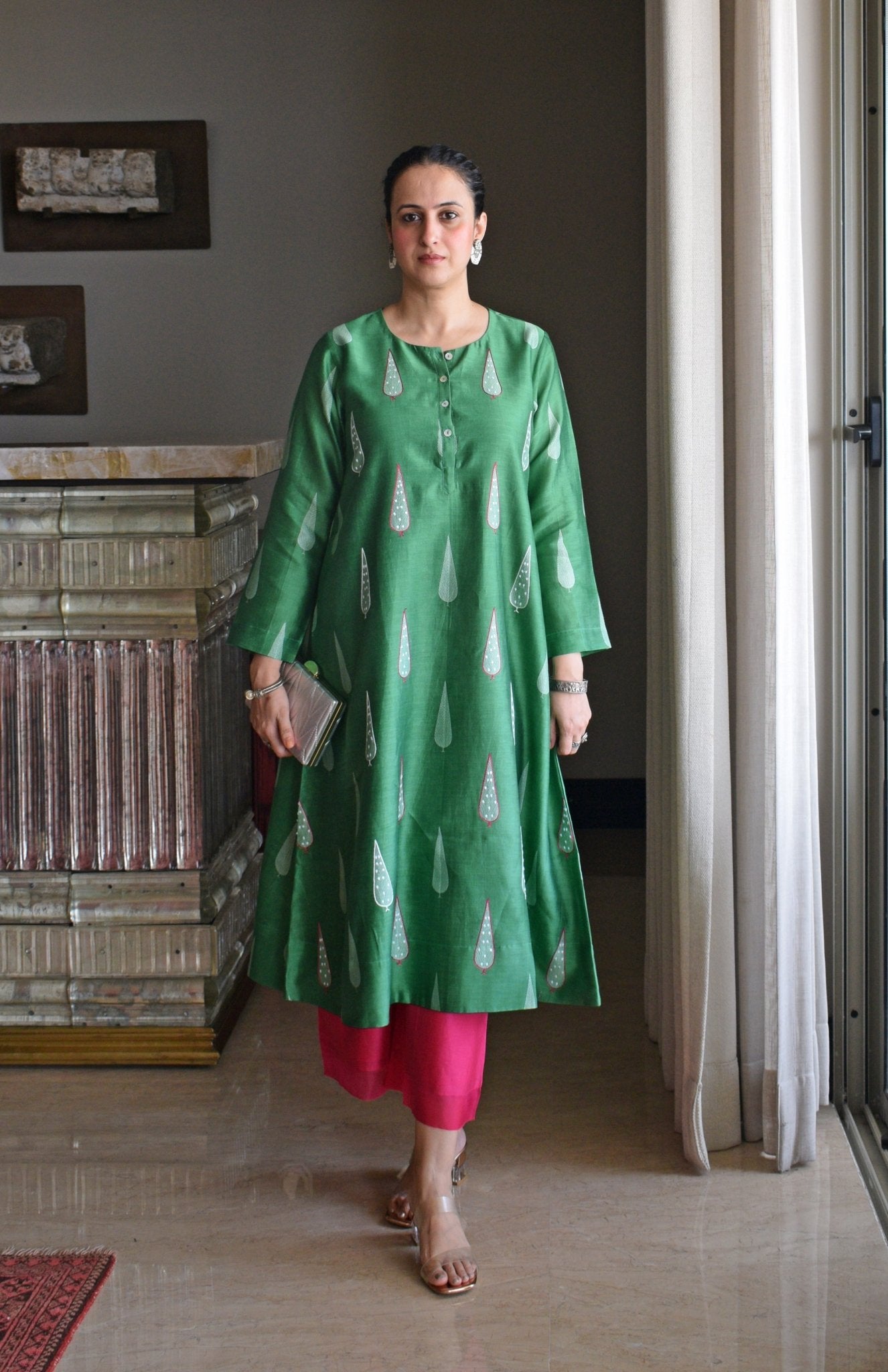 Green Chanderi Kurta with Rani Pink Chanderi Pyjama - CiceroniKurta Set, Festive wearHouse of Moxa