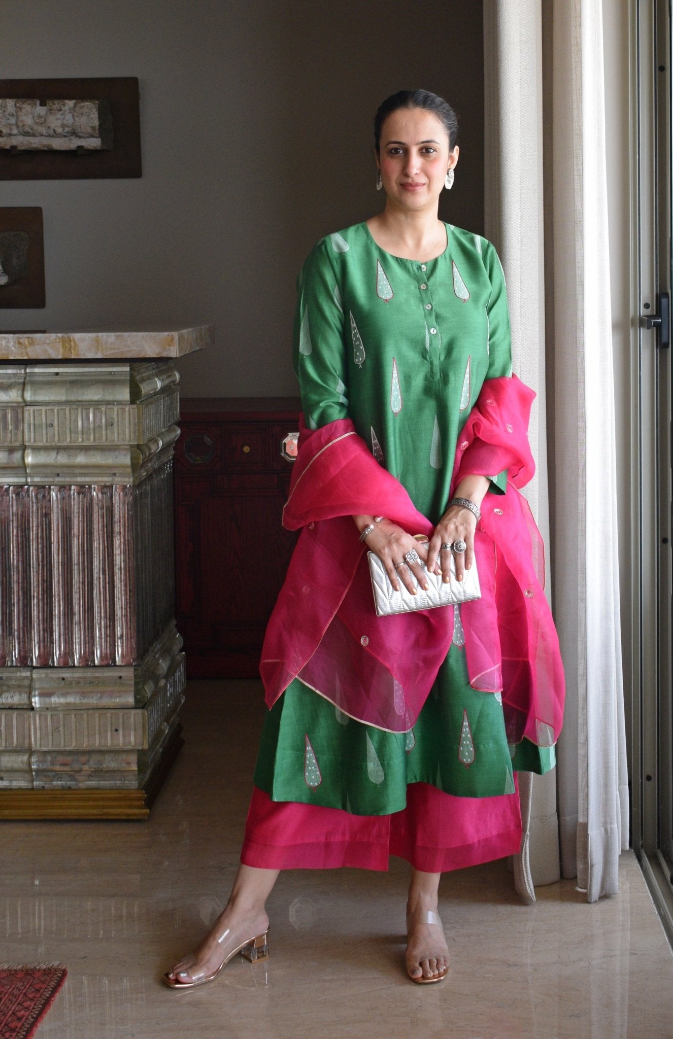 Green Chanderi Kurta with Rani Pink Chanderi Pyjama - CiceroniKurta Set, Festive wearHouse of Moxa