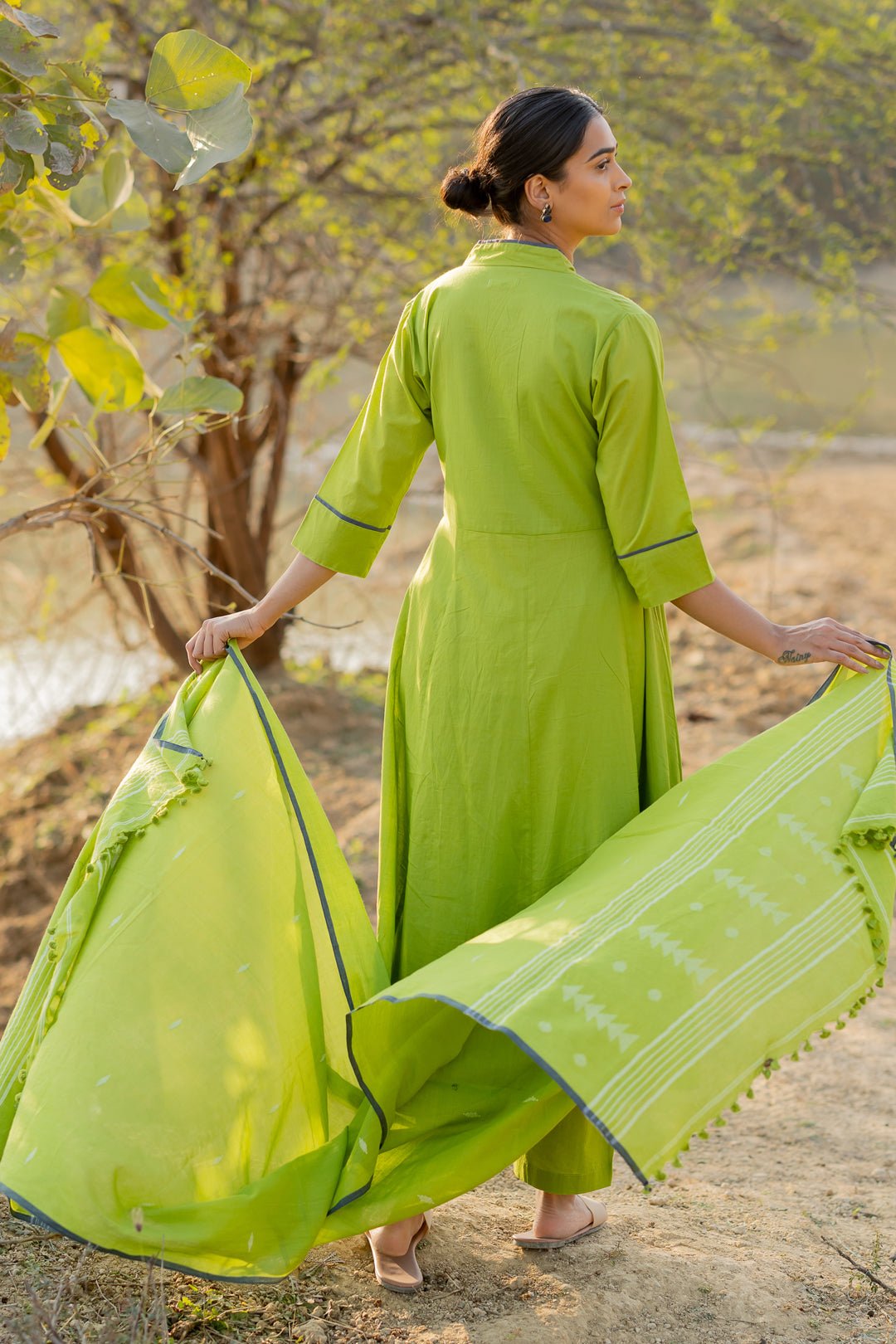Green Pear Kalidaar Set with Jaamdani Dupatta - CiceroniKurta Set, Everyday WearMaidaan