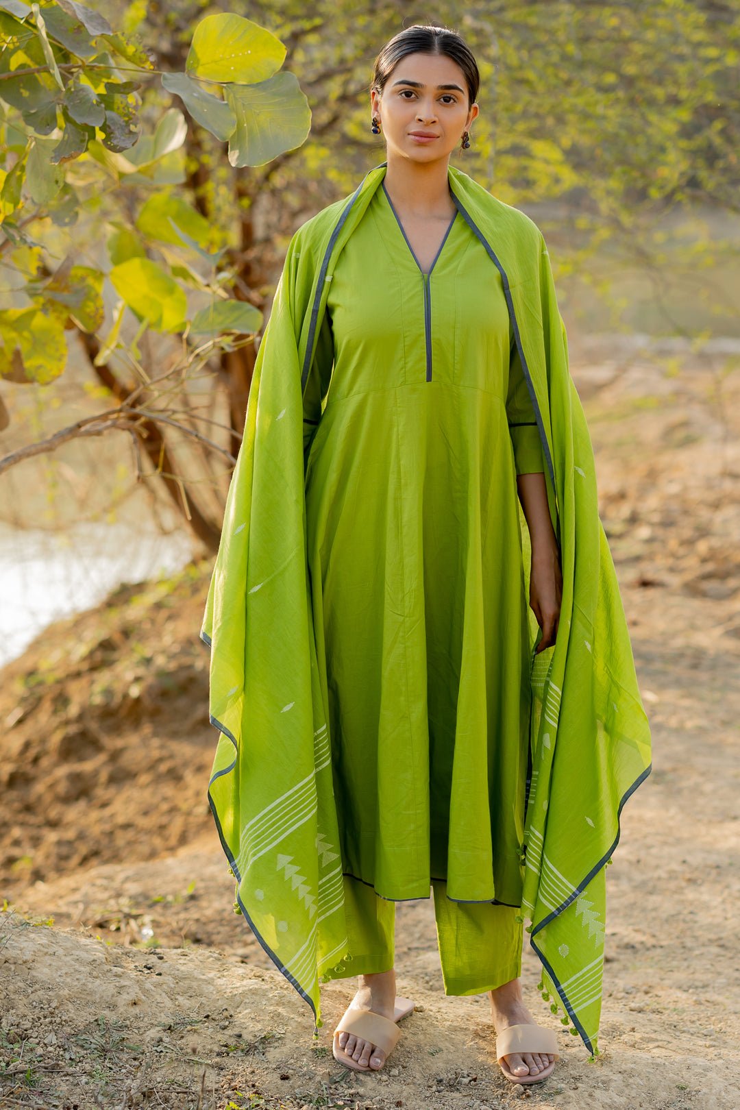 Green Pear Kalidaar Set with Jaamdani Dupatta - CiceroniKurta Set, Everyday WearMaidaan