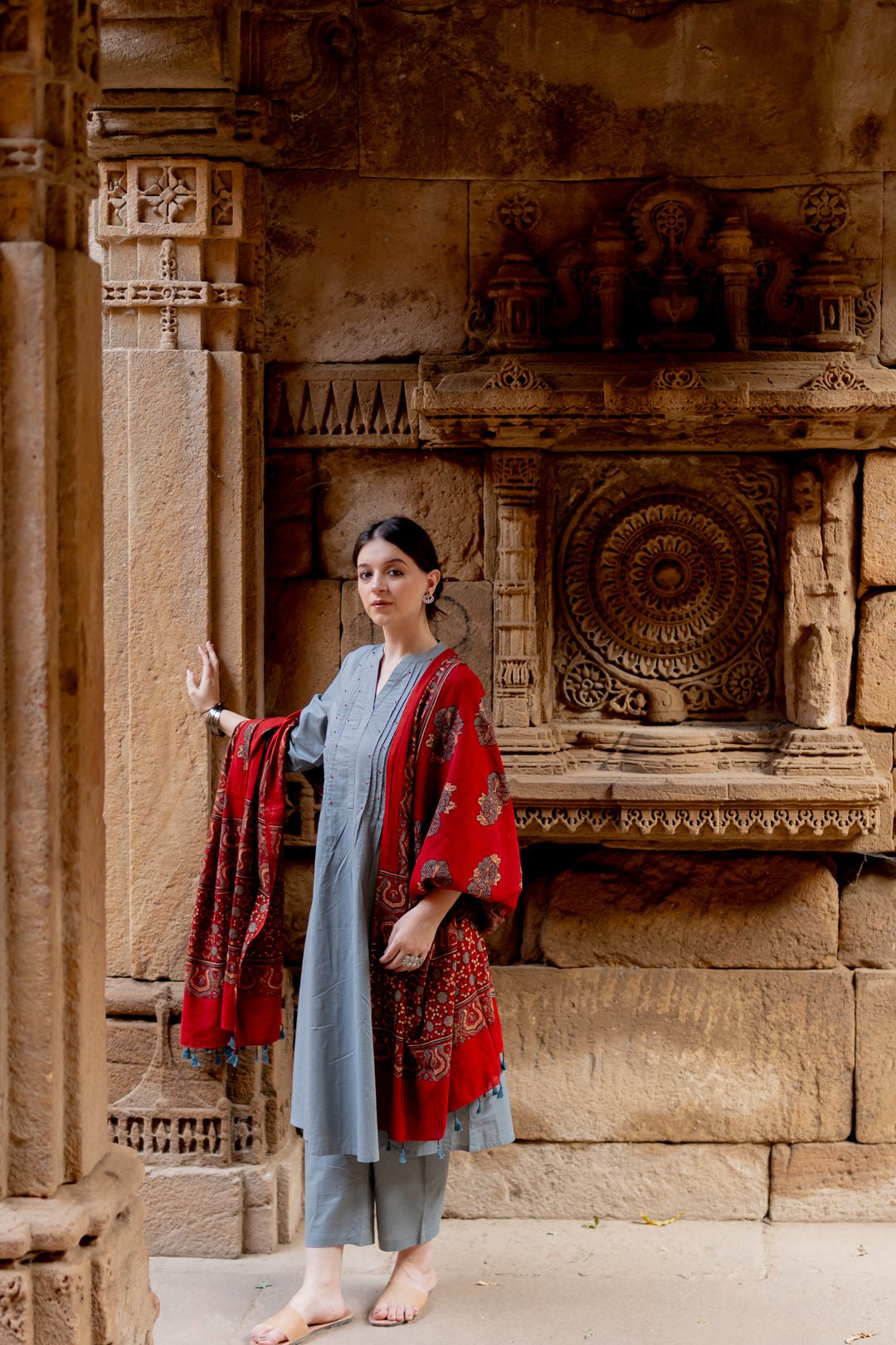 Grey Dune Kurta Set with Maroon Ajrakh Dupatta - CiceroniKurta Set, Everyday WearMaidaan