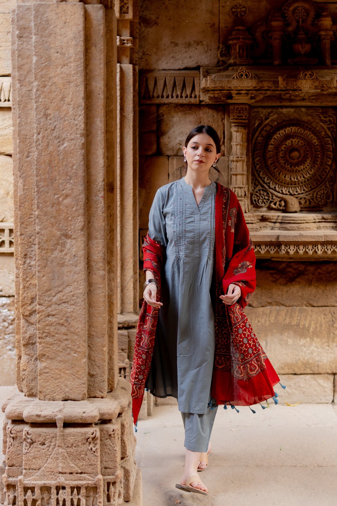 Grey Dune Kurta Set with Maroon Ajrakh Dupatta - CiceroniKurta Set, Everyday WearMaidaan