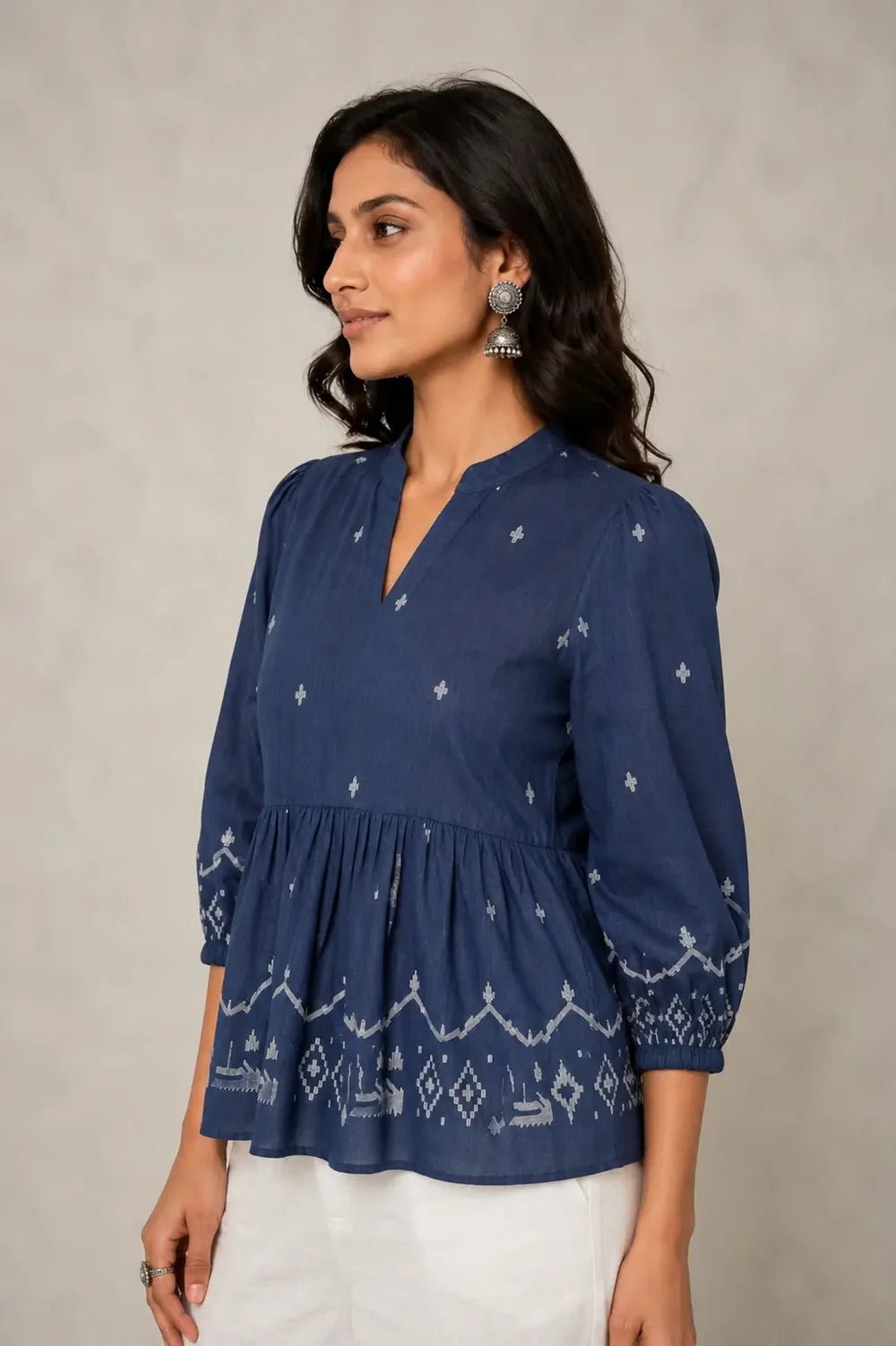 Handloom Indigo Jamdani Peplum Top - CiceroniTopsSutra Art of Clothing
