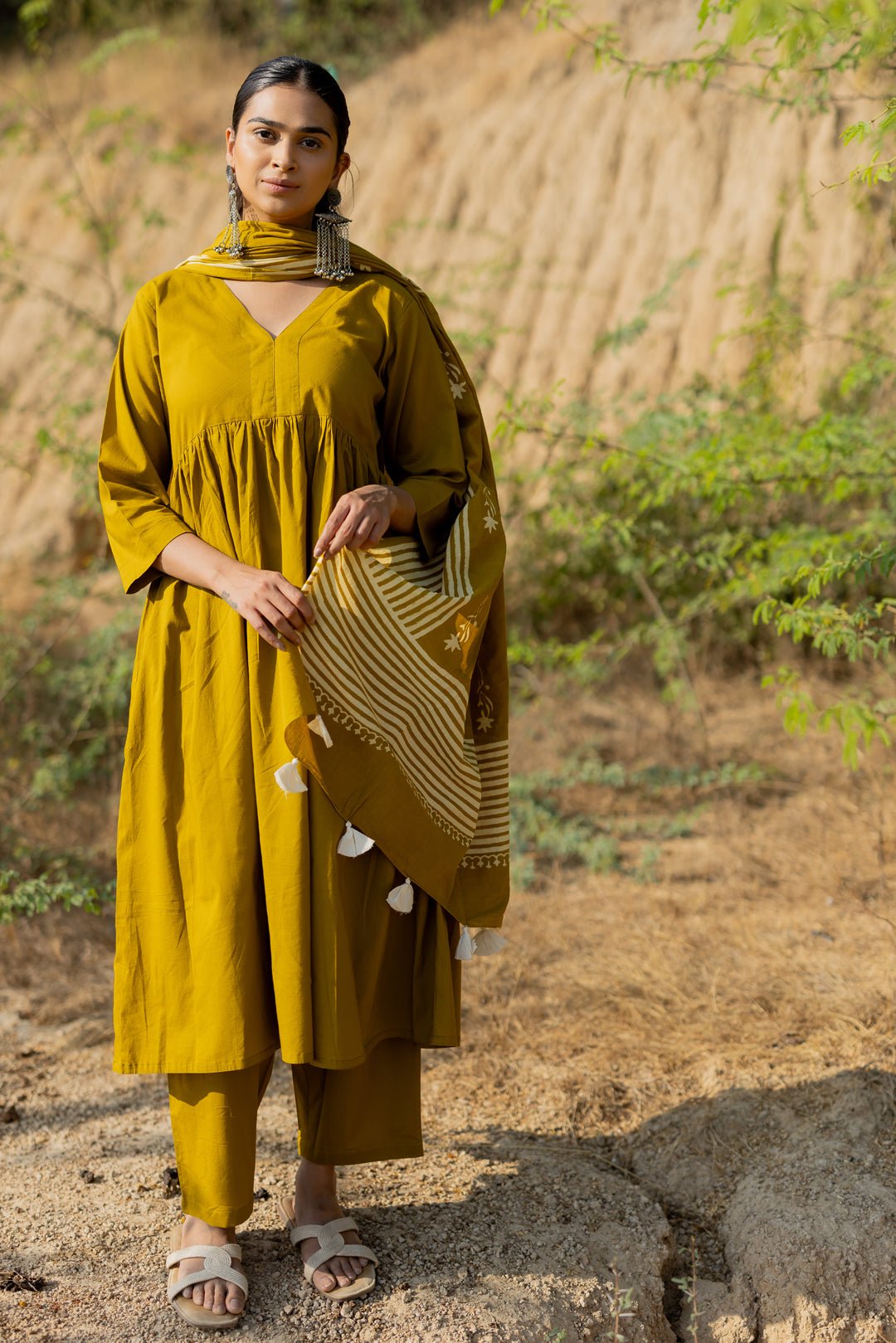 Henna Green Gathered Kurta Set with Block Printed Dupatta - CiceroniKurta Set, Everyday WearMaidaan
