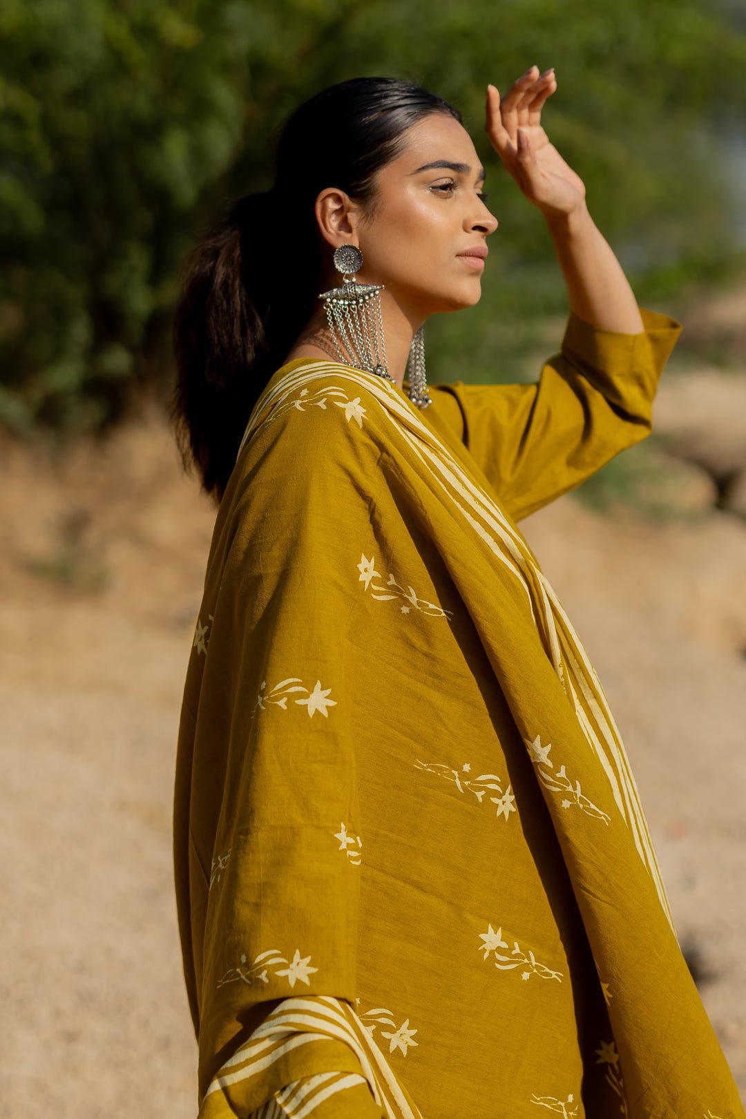 Henna Green Gathered Kurta Set with Block Printed Dupatta - CiceroniKurta Set, Everyday WearMaidaan