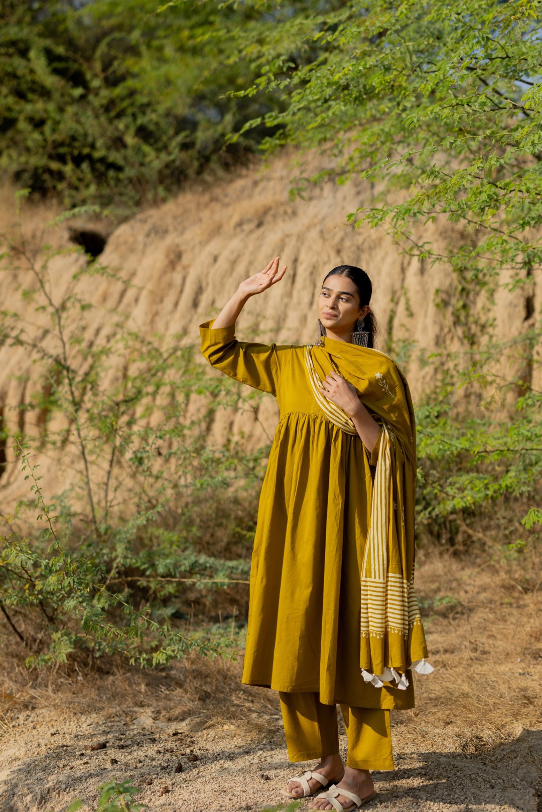 Henna Green Gathered Kurta Set with Block Printed Dupatta - CiceroniKurta Set, Everyday WearMaidaan