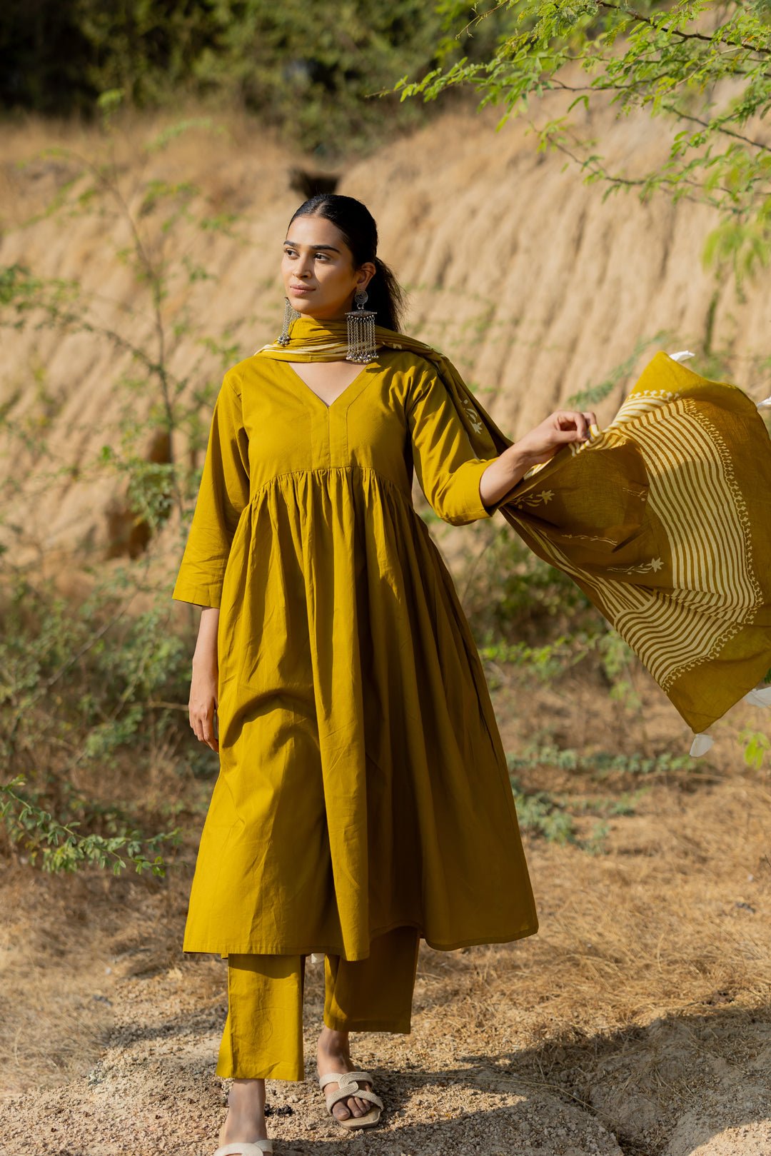 Henna Green Gathered Kurta Set with Block Printed Dupatta - CiceroniKurta Set, Everyday WearMaidaan