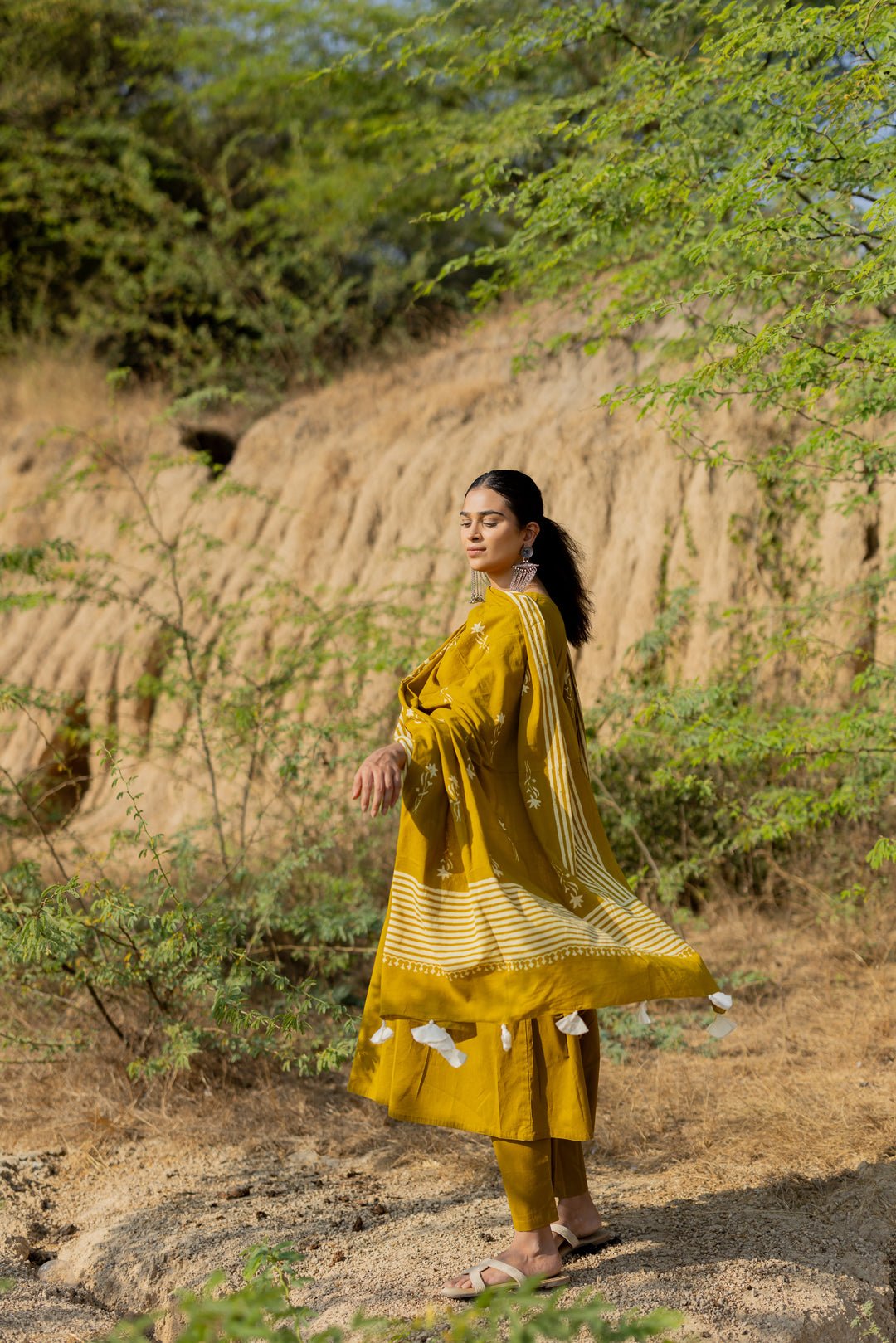 Henna Green Gathered Kurta Set with Block Printed Dupatta - CiceroniKurta Set, Everyday WearMaidaan