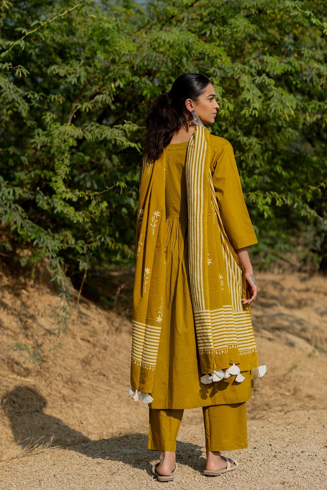 Henna Green Gathered Kurta Set with Block Printed Dupatta - CiceroniKurta Set, Everyday WearMaidaan