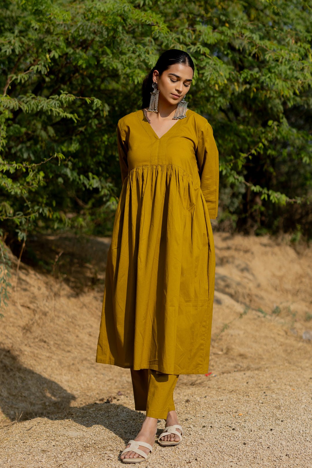 Henna Green Gathered Kurta Set - CiceroniKurta Set, Everyday WearMaidaan