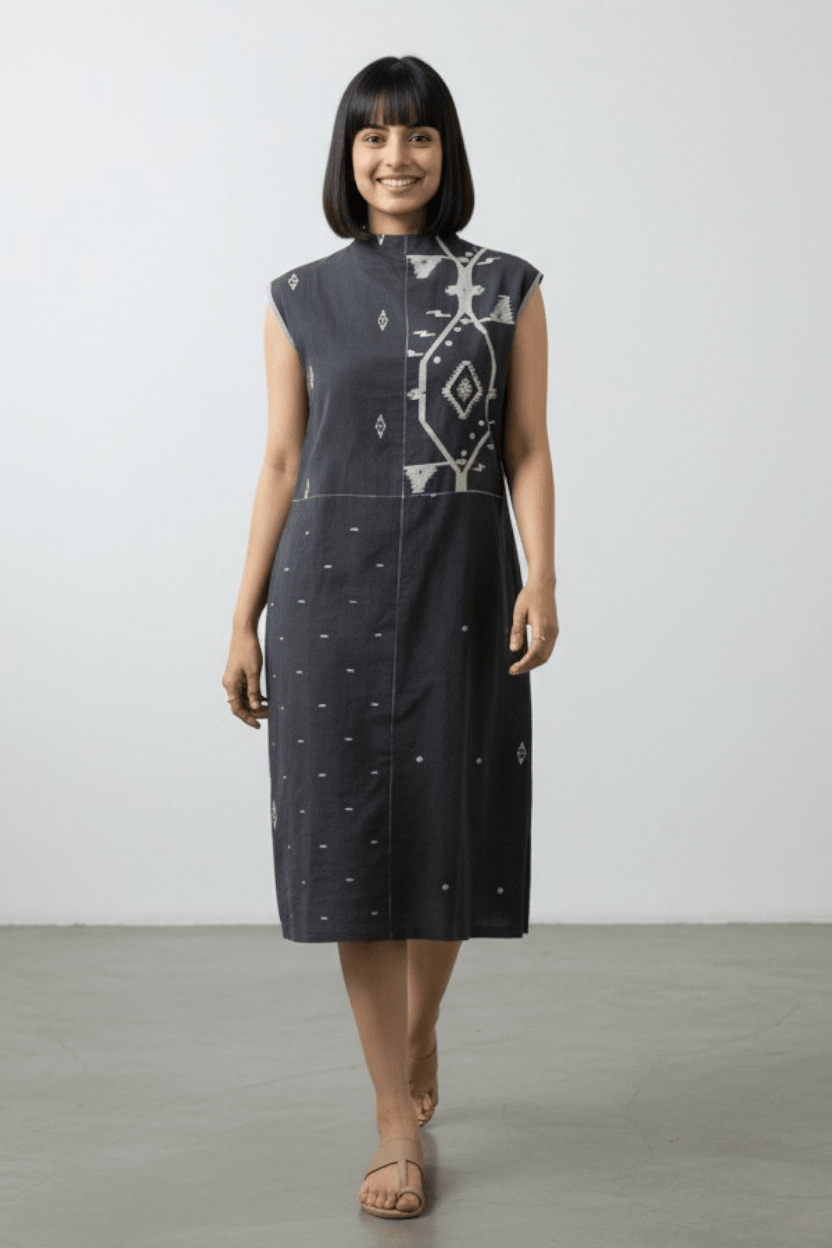 High Neck Patch Dress - Black Border Jamdani - CiceroniDressesBhomra