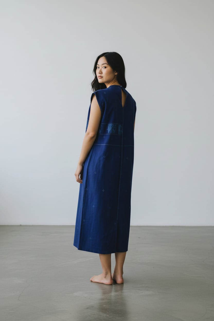 High Neck Patch Dress – Midnight Blue Jamdani - CiceroniDressesBhomra