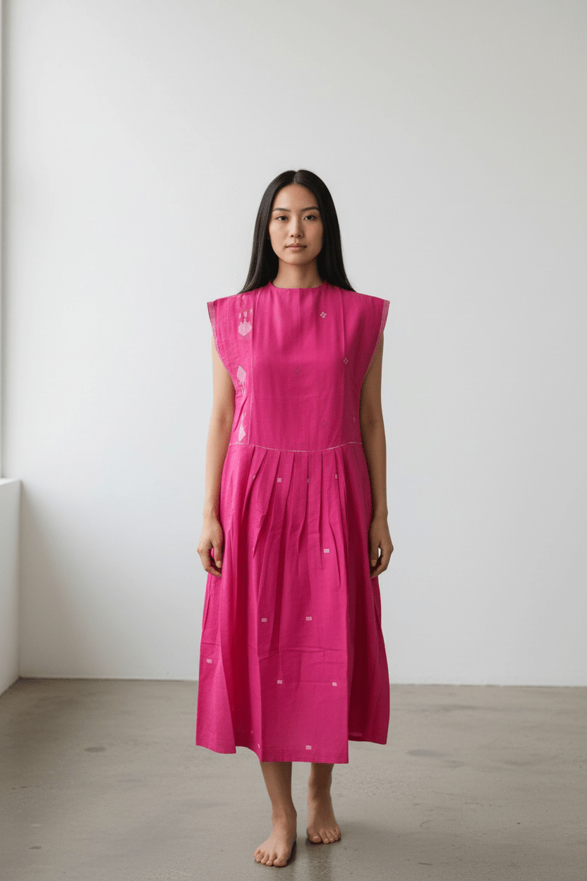 High Neck Pleated Dress – Hibiscus Lotus Golap Jamdani - CiceroniDressesBhomra