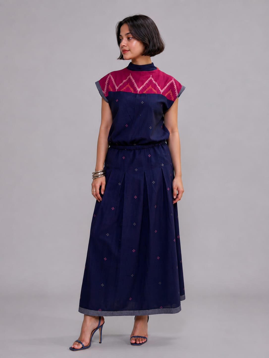 High Neck Tie-up Top & Inverted Pleat Skirt Set – Magenta Karat Jamdani - CiceroniSkirt SetBhomra
