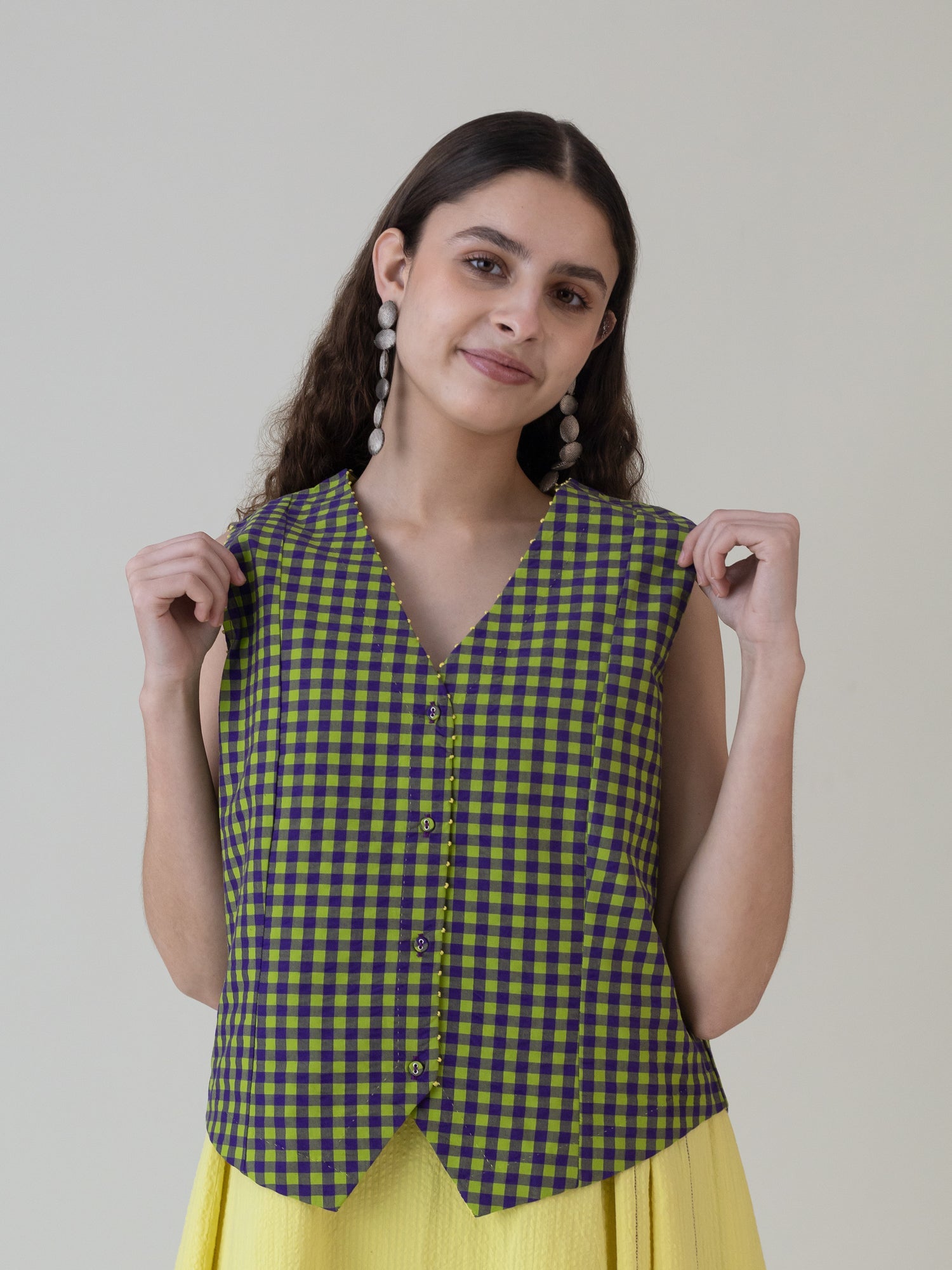 Hikono Vest Purple Lime Gingham Top - CiceroniWomen ShirtsShades of India
