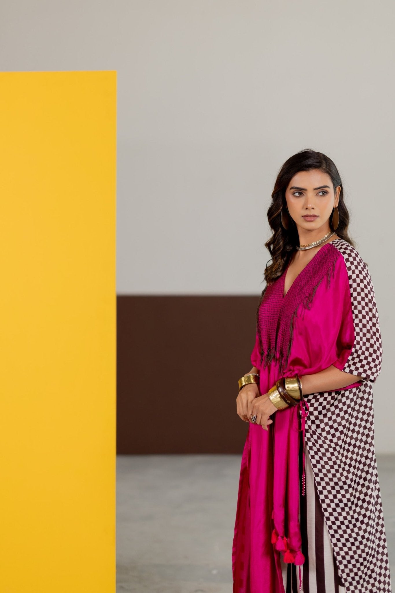 Hot Pink Habutai Silk Kaftan Set - CiceroniKurta Set, Festive WearTussah