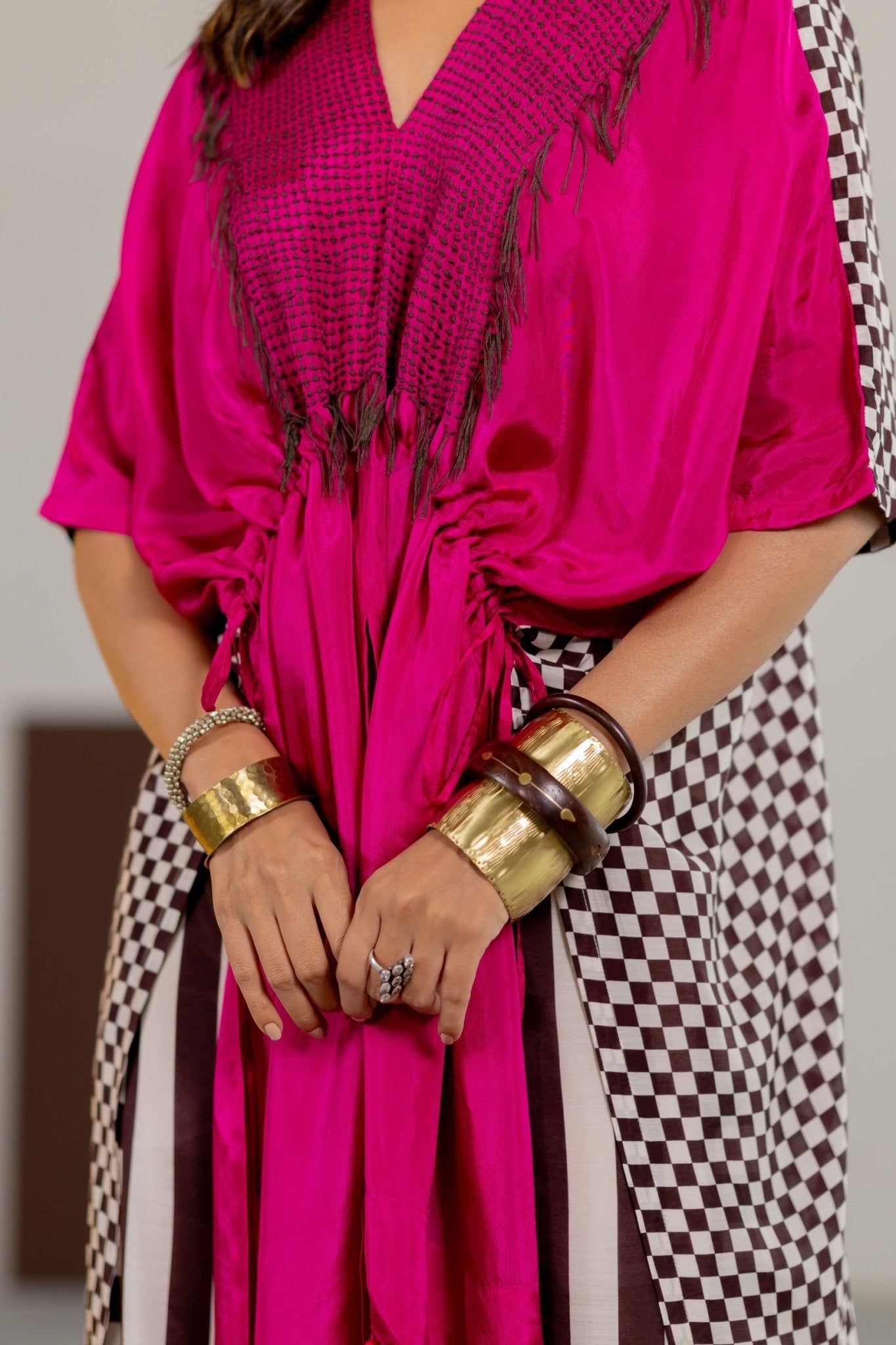 Hot Pink Habutai Silk Kaftan Set - CiceroniKurta Set, Festive WearTussah