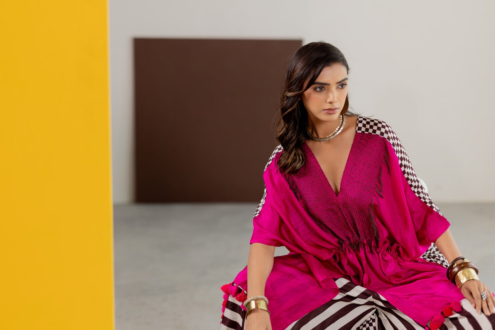 Hot Pink Habutai Silk Kaftan Set - CiceroniKurta Set, Festive WearTussah