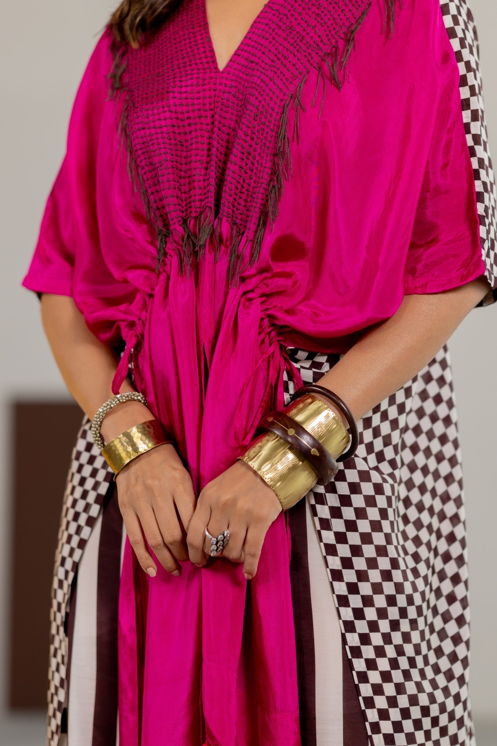 Hot Pink Habutai Silk Kaftan Set - CiceroniKurta Set, Festive WearTussah