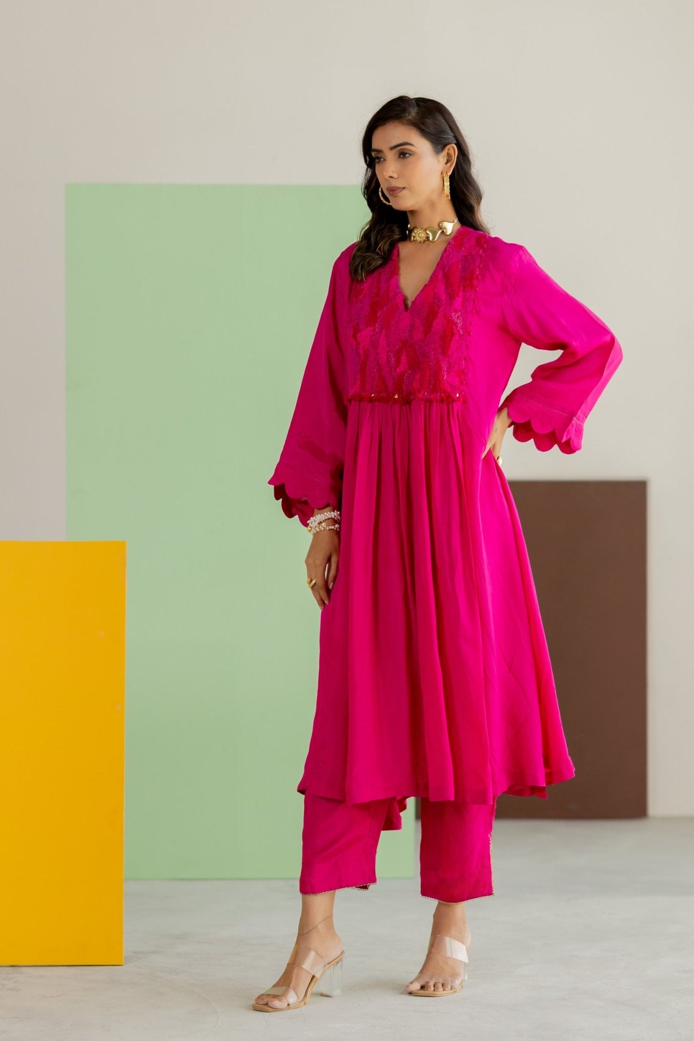 Hot Pink Silk Kurta Set - CiceroniKurta Set, Festive WearTussah