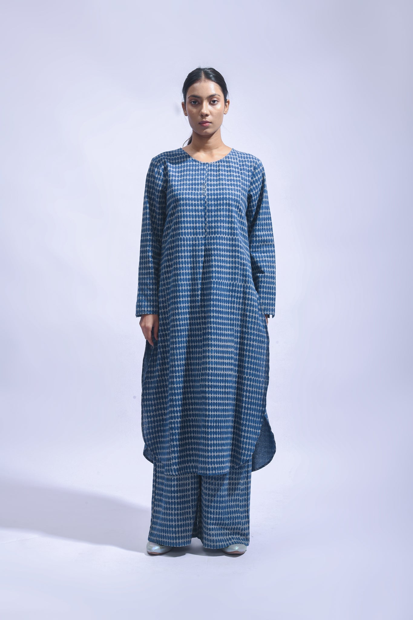 Indigo Block Printed Chambray Kurta & Pants Set - CiceroniKurta Set, Everyday WearJayati Goenka