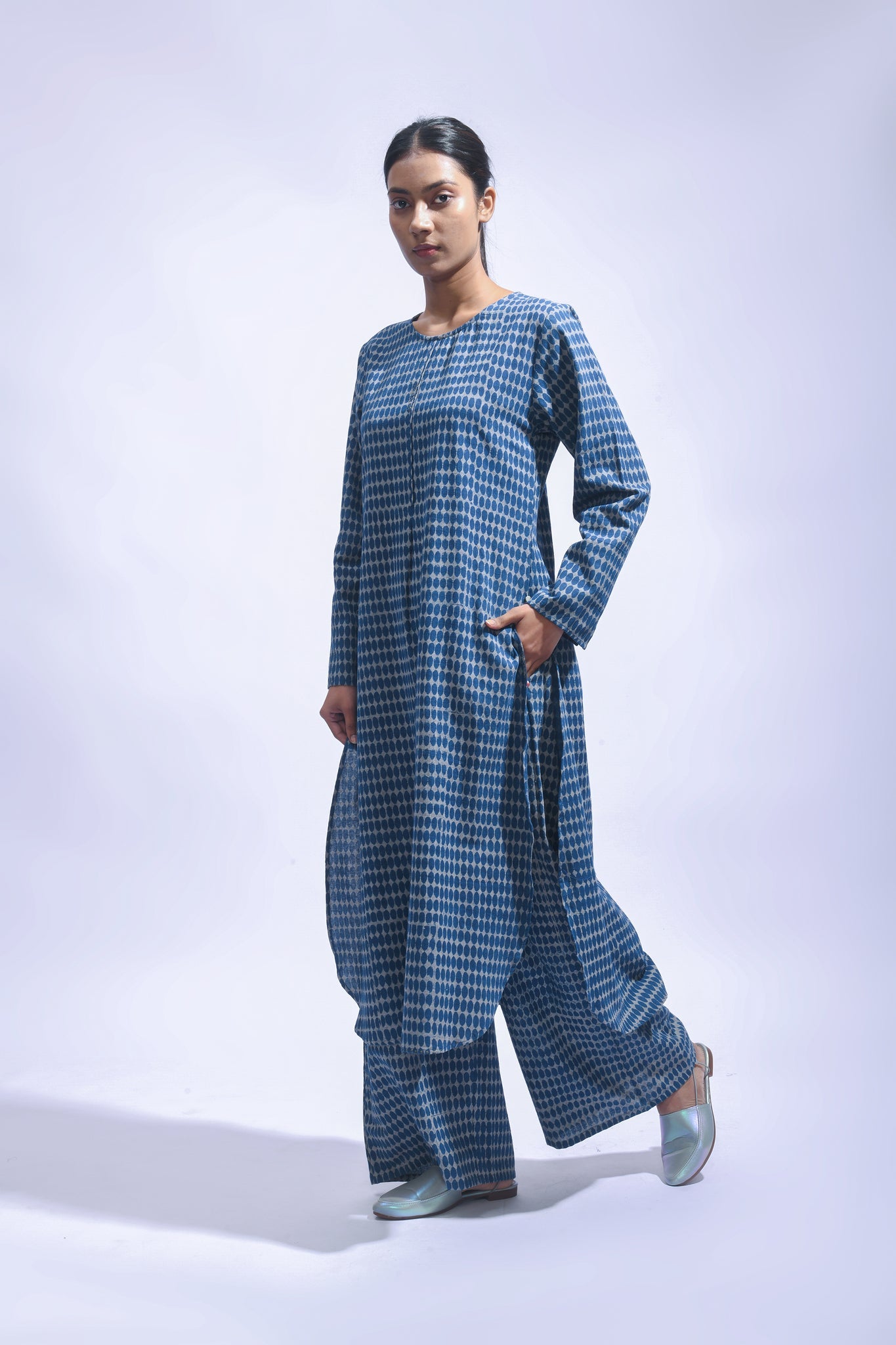 Indigo Block Printed Chambray Kurta & Pants Set - CiceroniKurta Set, Everyday WearJayati Goenka