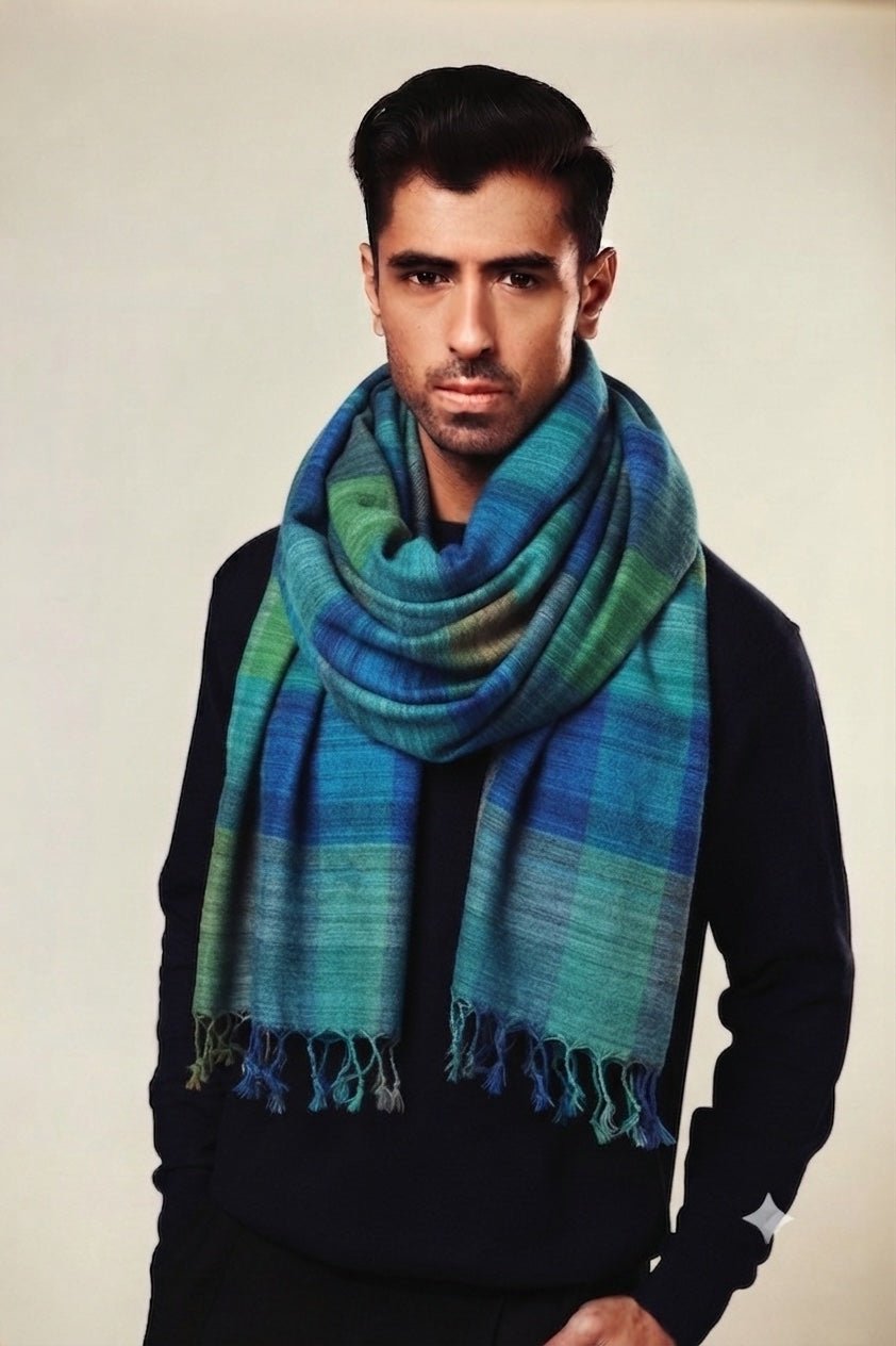 Indigo Blue Madras Checks Peace Silk Scarf for Men - CiceroniScarfAeshaane