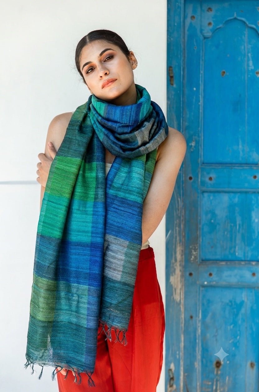 Indigo Blue Madras Checks Peace Silk Scarf - CiceroniScarfAeshaane