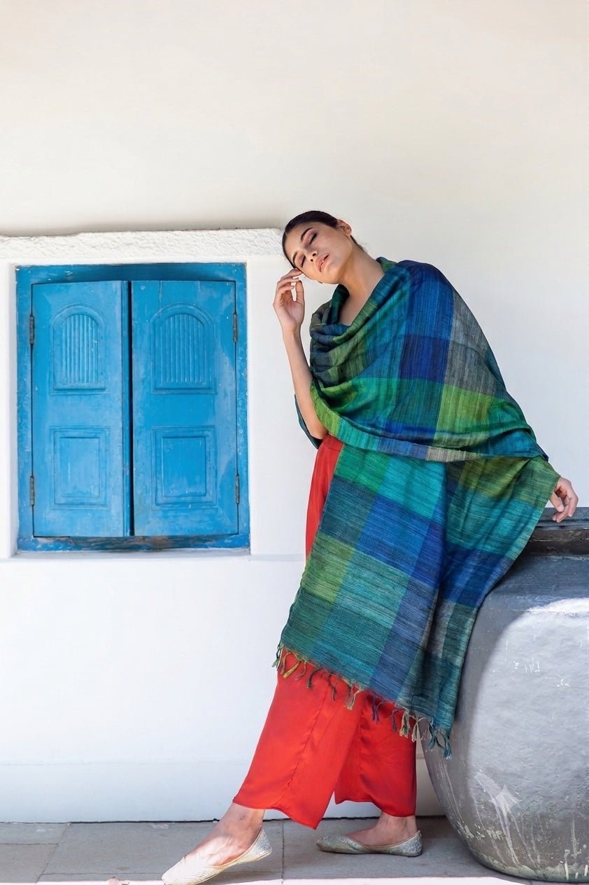 Indigo Blue Madras Checks Peace Silk Scarf - CiceroniScarfAeshaane