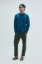 Indigo Linen Embroidered Men's Raglan Shirt - CiceroniShirtSaphed