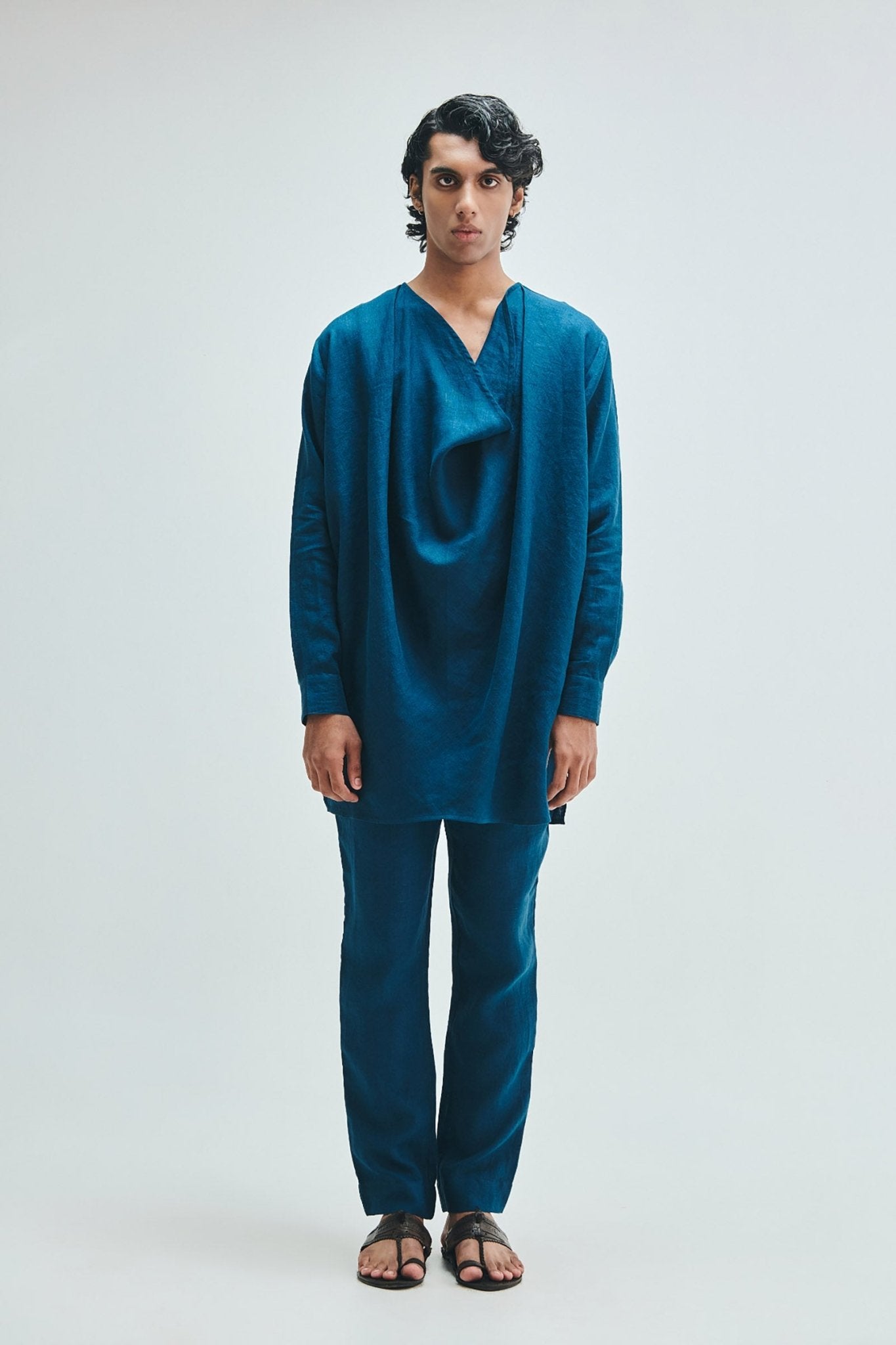 Indigo Linen Men's Cowl Neck Kurta - CiceroniKurtaSaphed