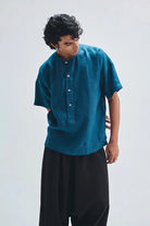 Indigo Linen Men's Half Sleeves Panelled Shirt Kurta - CiceroniShirt KurtaSaphed