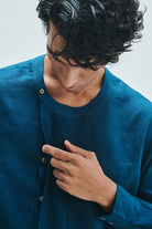 Indigo Linen Men's Side Placket Shirt - CiceroniShirtSaphed