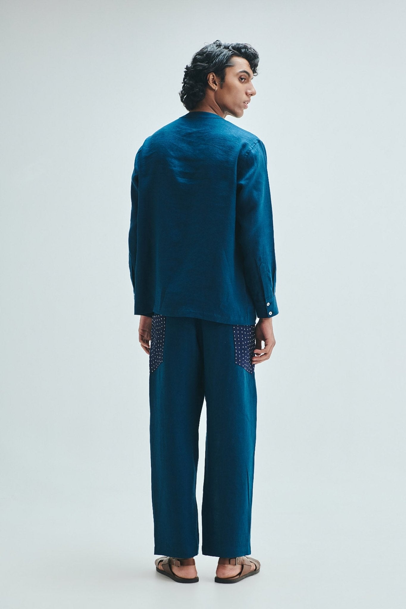 Indigo Linen Men's Side Placket Shirt - CiceroniShirtSaphed