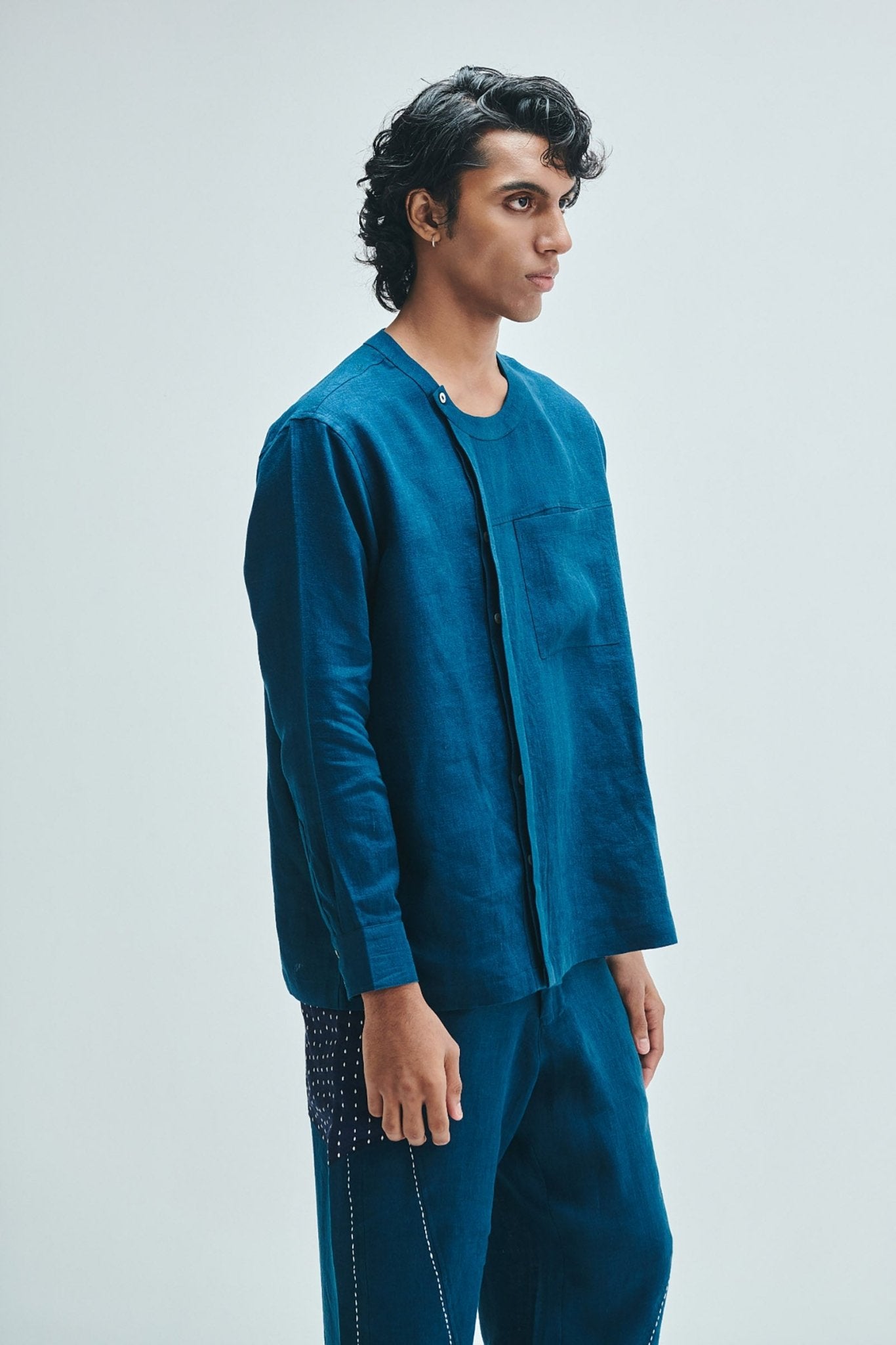 Indigo Linen Men's Side Placket Shirt - CiceroniShirtSaphed